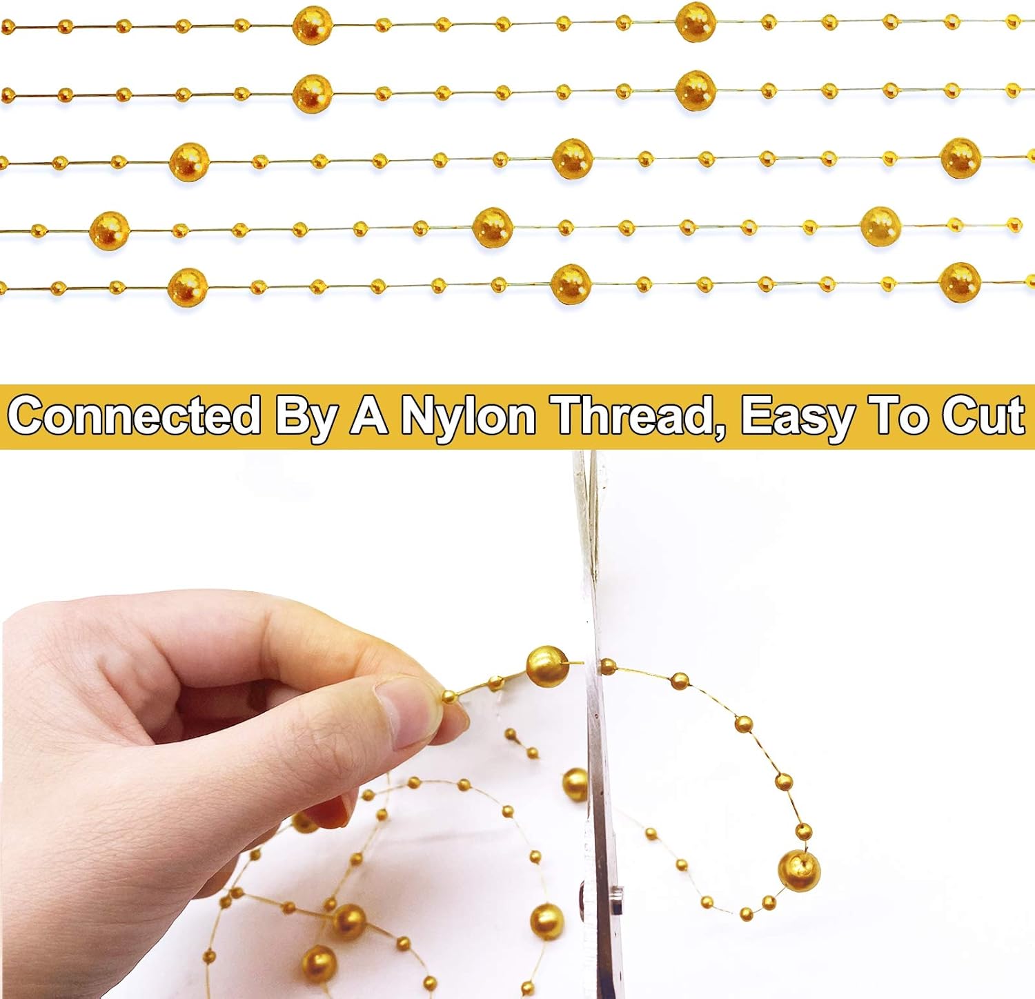 Artificial pearl beads chain - Pearl beads - Suitable for light blue weddings, bridal bouquets, DIY crafts, table decorations, Christmas decorations - Gold - 60 metres