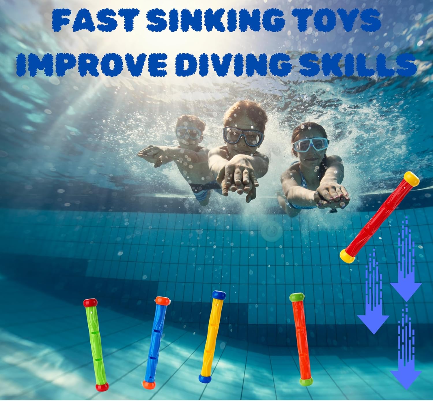 Diving stick - Dive toys - Kids' pool toys - Suitable for children aged 8-12 years - Pool toys - Colourful - Fast sinking - 5 colours