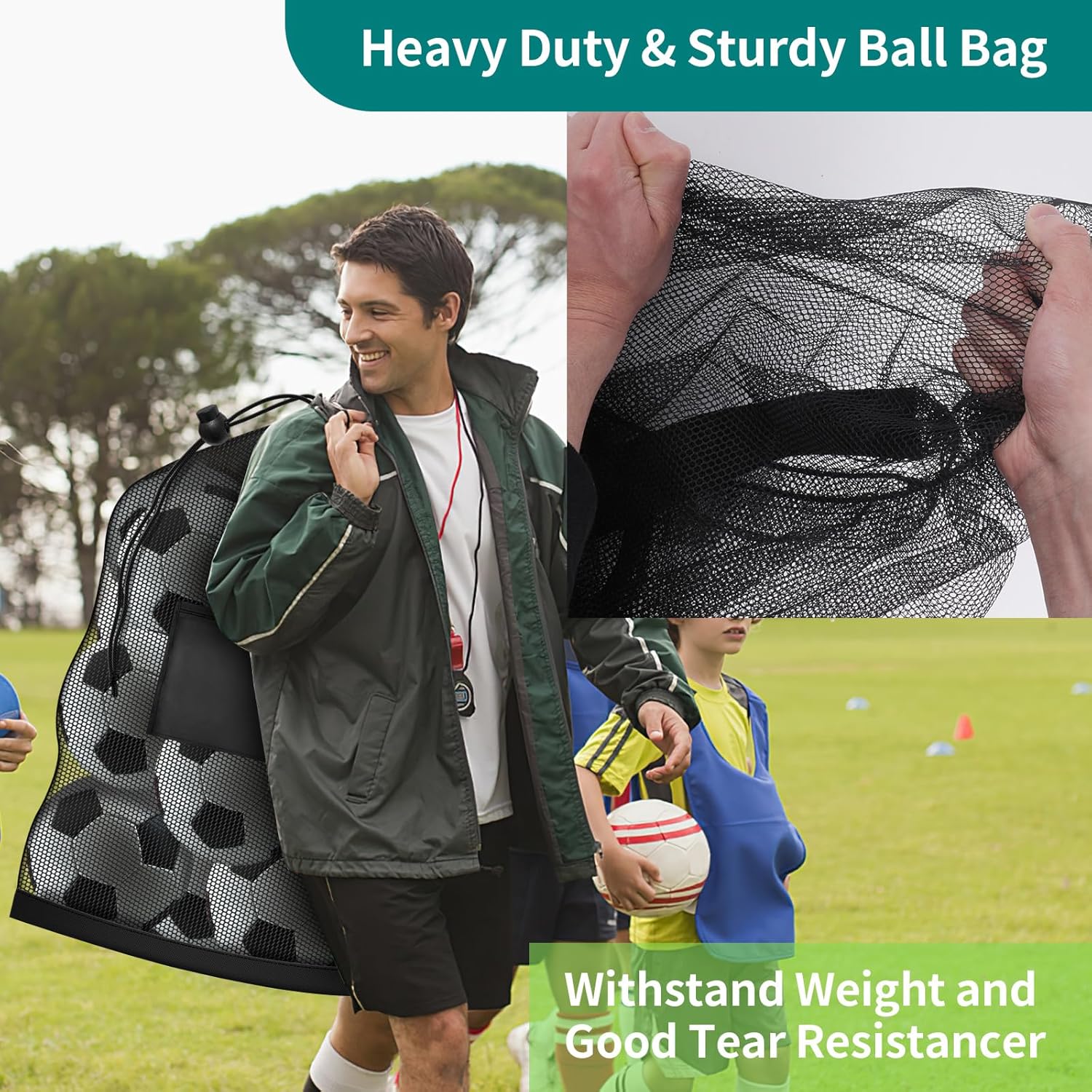 Football bag - Extra large - 40" x 30" - Drawstring - Mesh - Ball bag - With pockets - Mesh sports bag - Basketball, volleyball, fitness equipment, swimwear - Storage bag