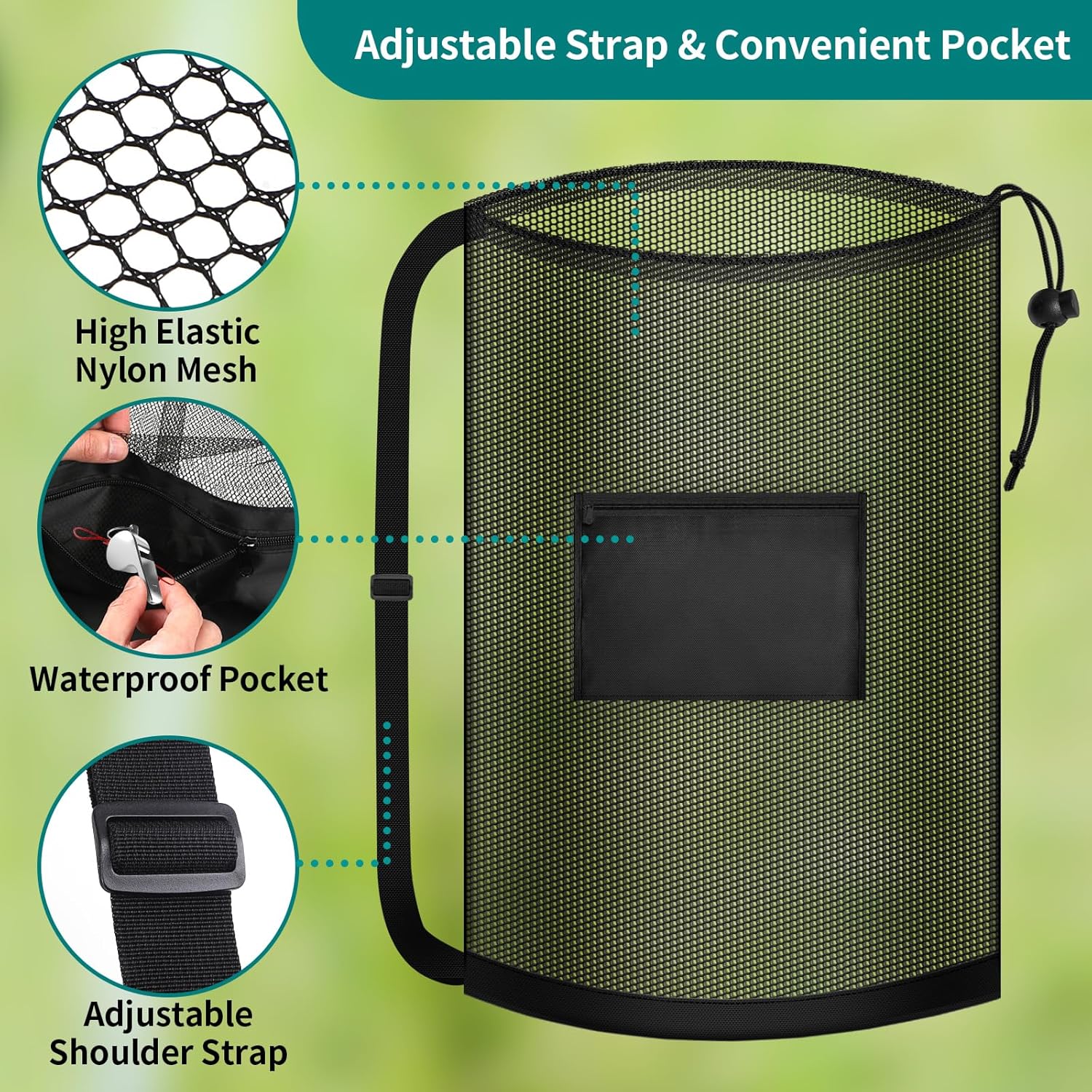 Football bag - Extra large - 40" x 30" - Drawstring - Mesh - Ball bag - With pockets - Mesh sports bag - Basketball, volleyball, fitness equipment, swimwear - Storage bag
