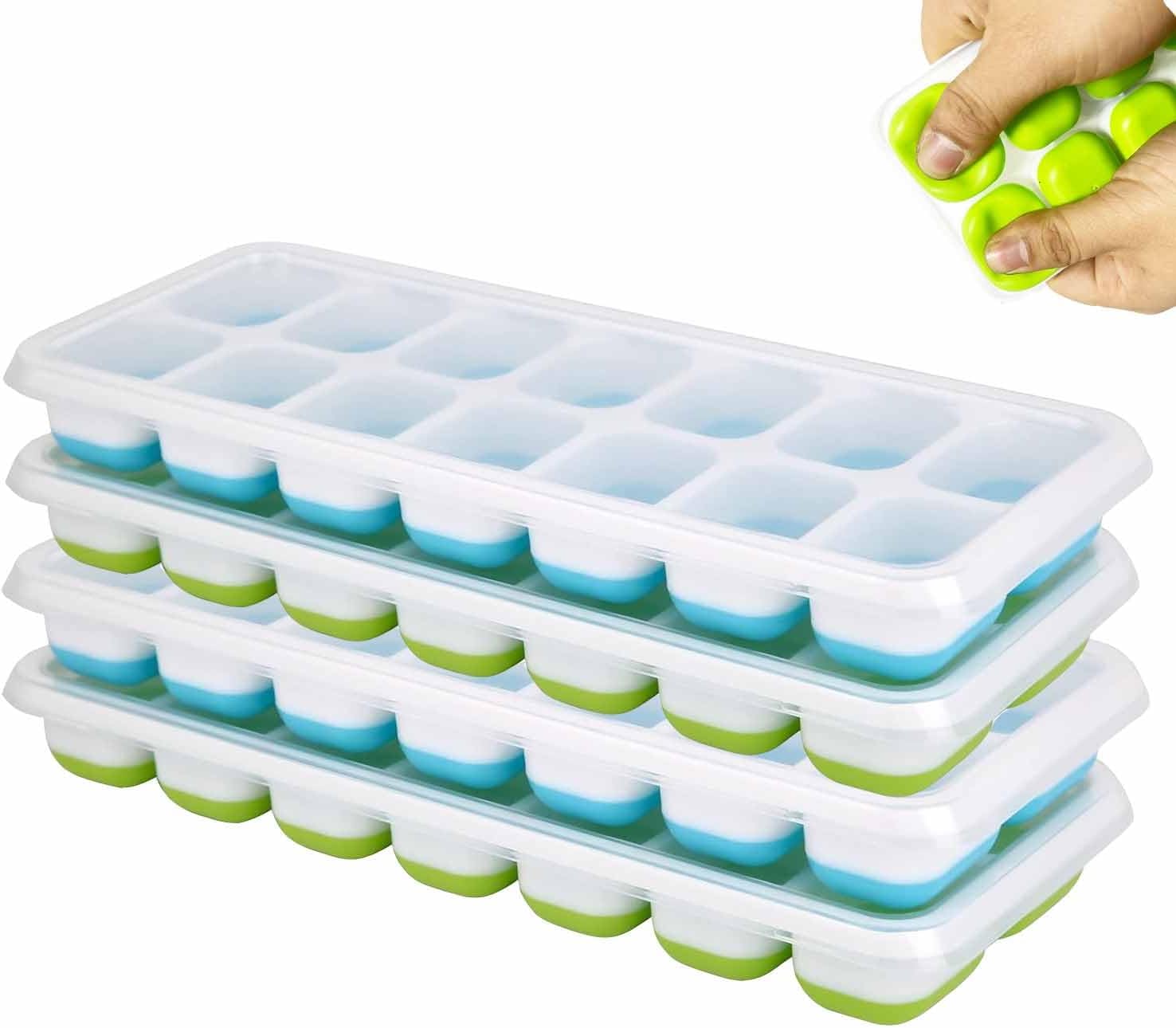 Ice cube trays - 4-pack - reusable silicone - easy to release - flexible ice cube trays for 56 ice cubes with leak-proof, removable lids - BPA-free - durable and dishwasher safe