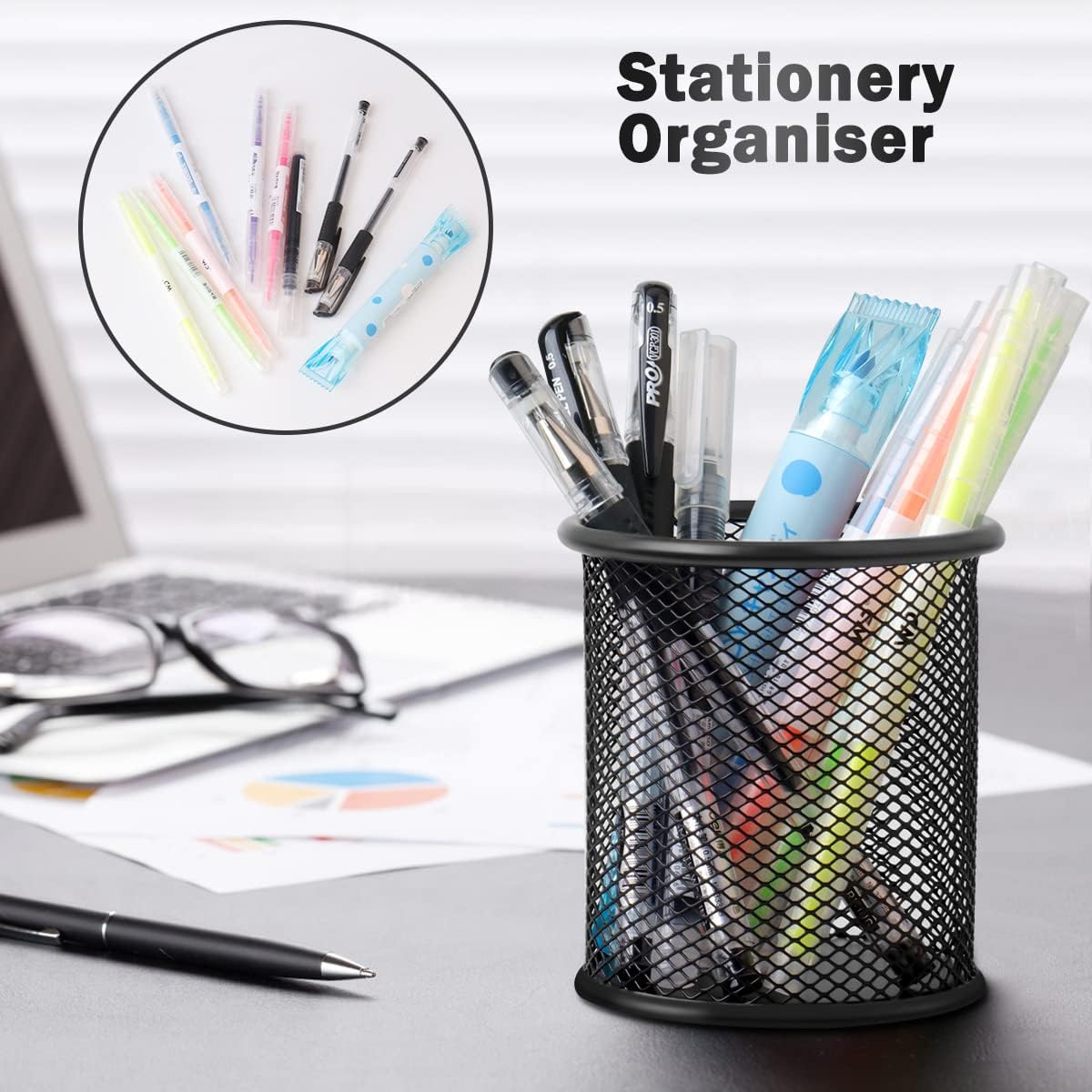 2-pack metal mesh pen holder pen holder for desk metal office mesh desktop storage pen holder office supplies - Office accessories and storage products - black