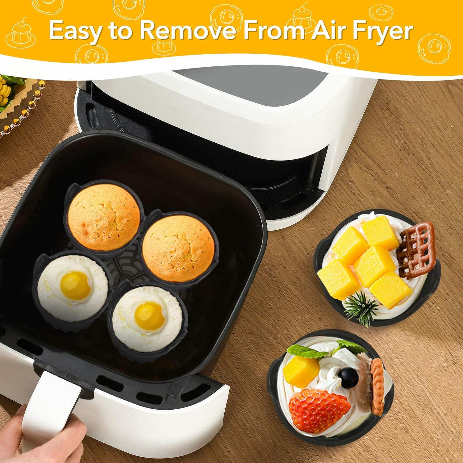 4-piece egg poacher for the airfryer - baking tray specially for the airfryer - egg poacher for the microwave - shape for poached eggs of food grade quality and baking tray for making soufflés - muffins - cupcakes - custard and pudding.