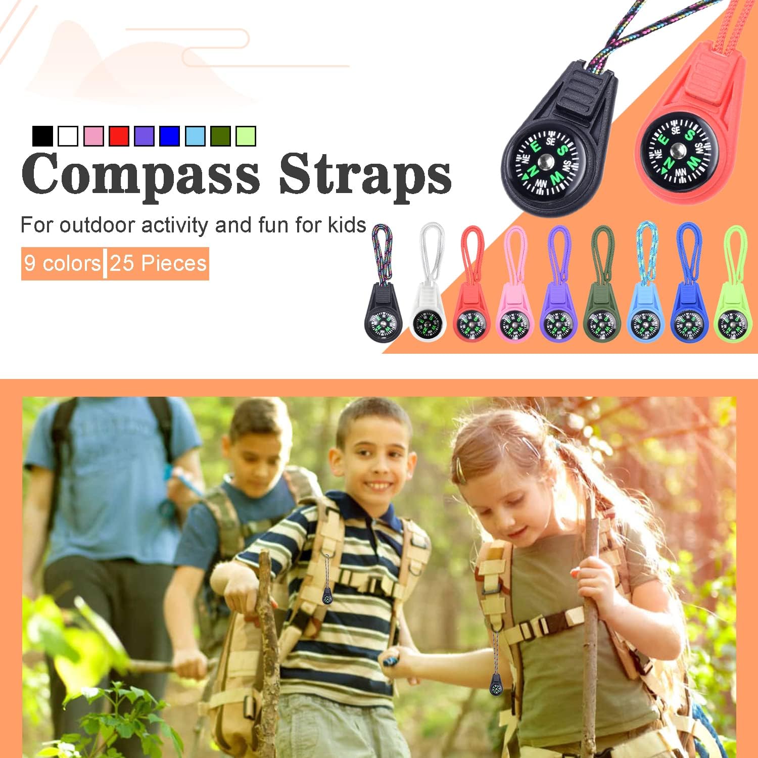 Kompas - 25-pack - Kids' Compass - Classroom - Mini Compass for Children - Hiking and Survival - Portable - Compass with Cord - 9 Colours