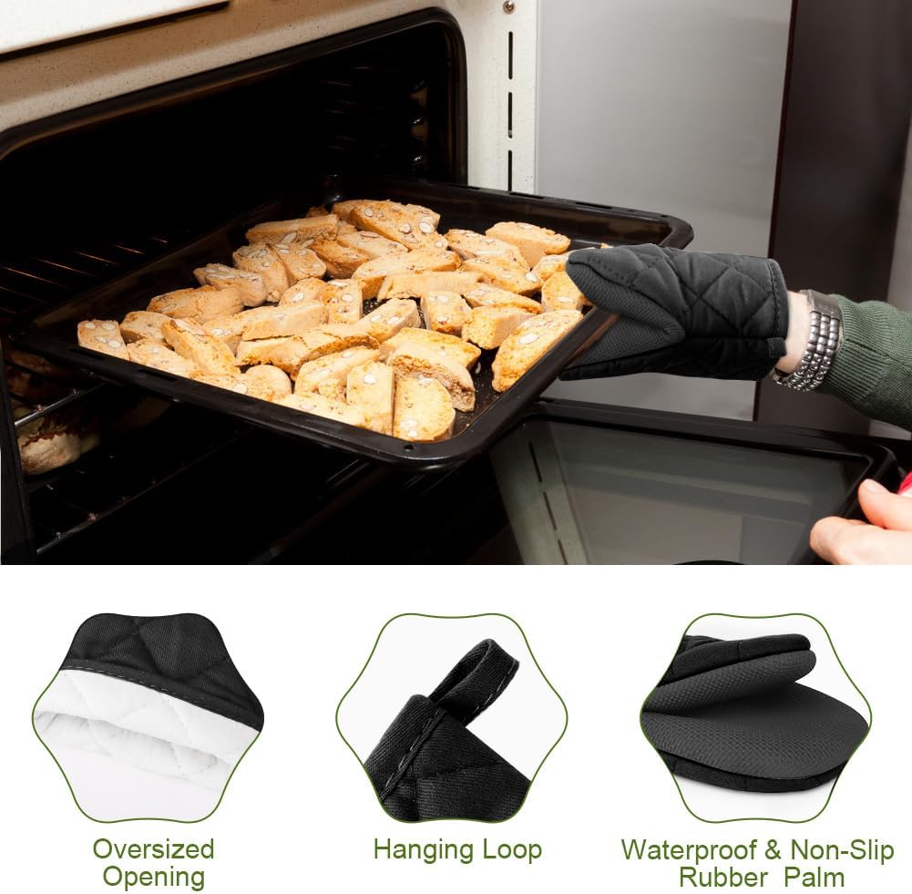 1 pair of short oven mitts made of neoprene cotton - black - with non-slip surface and hanging loop - suitable for cooking, baking and grilling