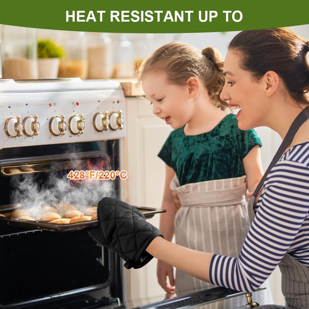 1 pair of short oven mitts made of neoprene cotton - black - with non-slip surface and hanging loop - suitable for cooking, baking and grilling