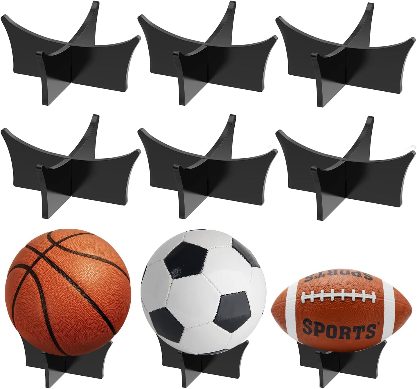 Ball Standard - Acrylic - Football, Basketball, Soccer, Volleyball, Rugby, etc. Display Standard - Ball Holders - 6 pieces - Black