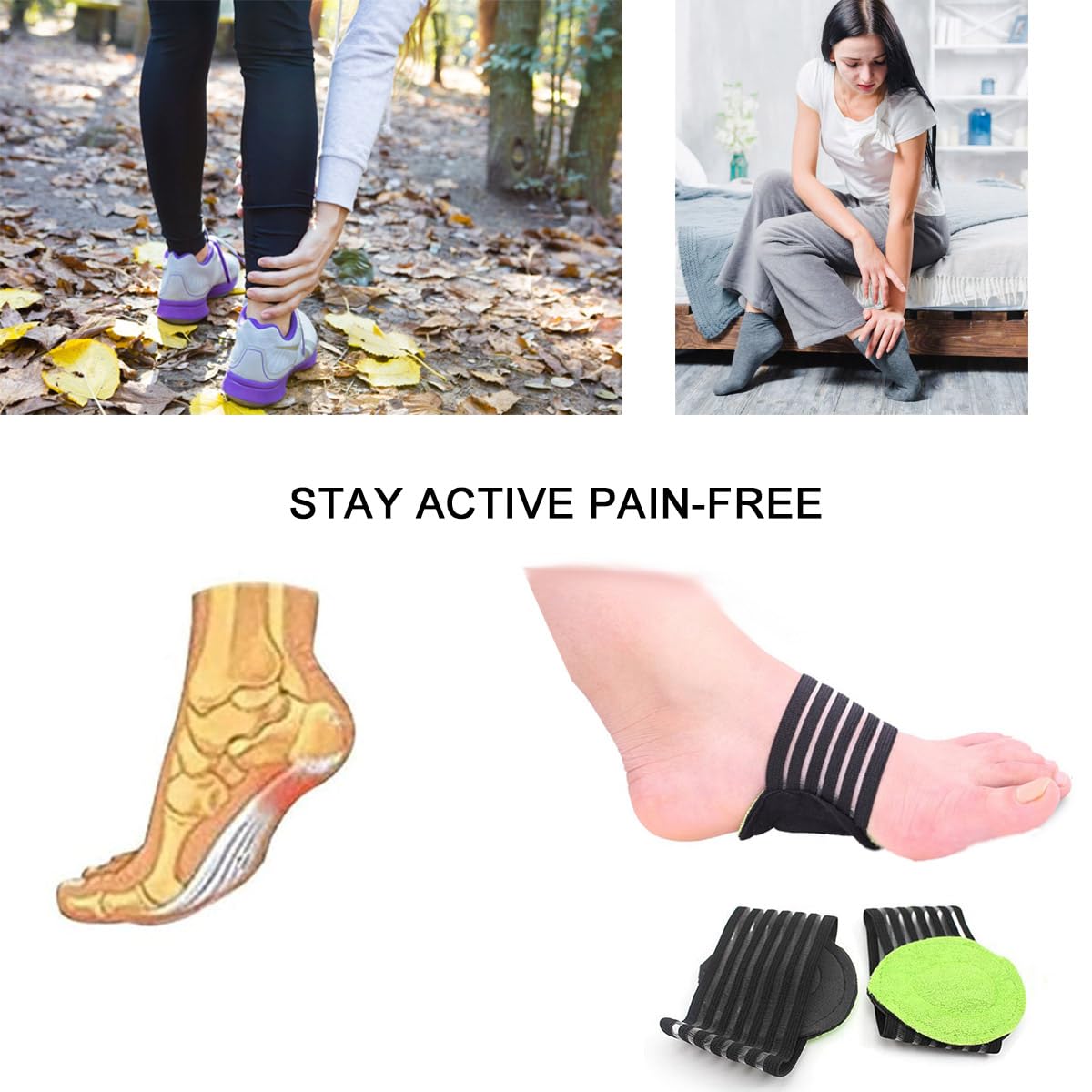 2 pairs of extra thick, padded compression arch supports for added comfort - suitable for plantar fasciitis, fallen arches, heel spurs, flat feet and foot pain issues