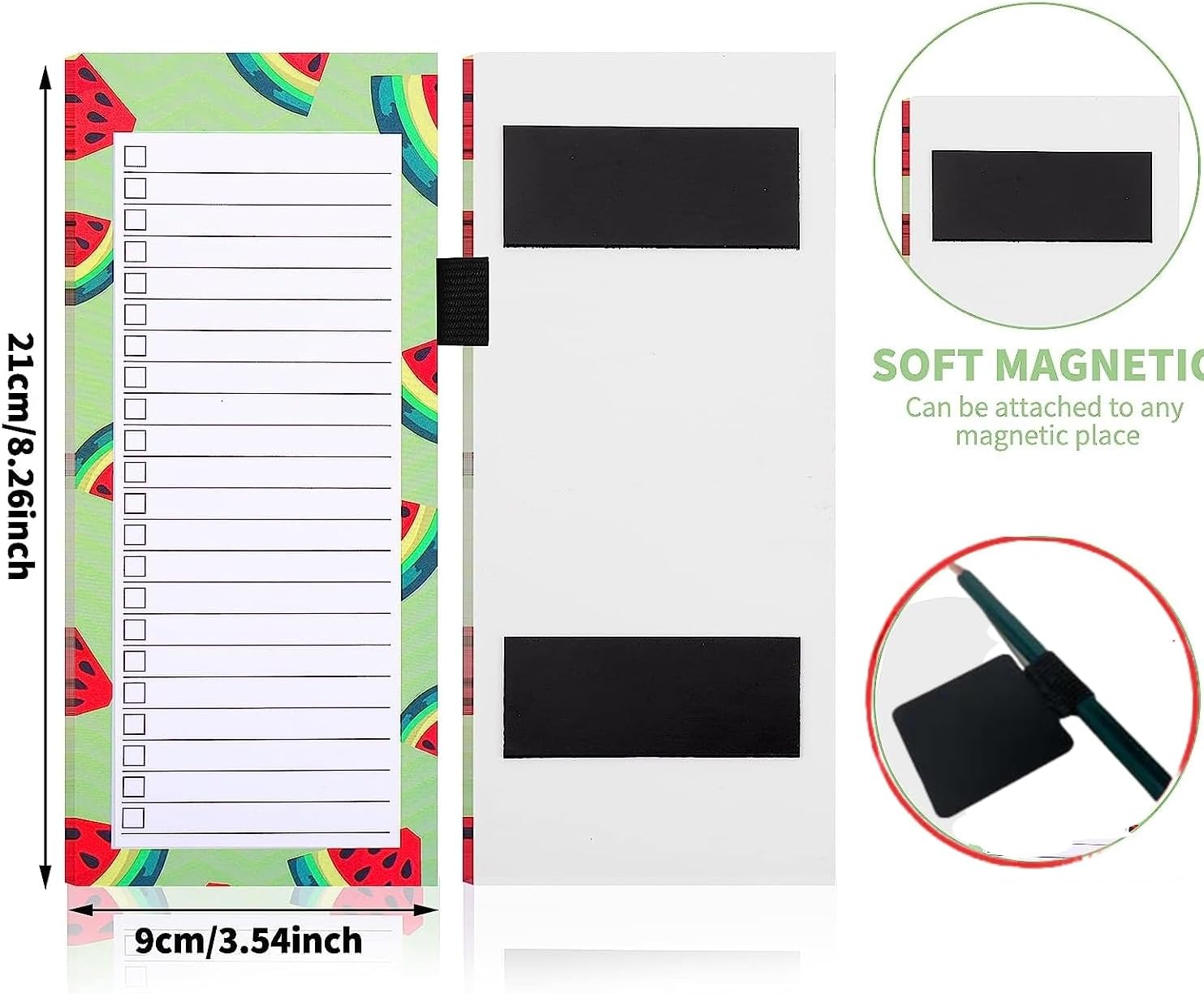 Magnetic shopping list for the fridge 2-piece - 100 sheets - tear-off notepad with pen clip for shopping - to-do list and meal planning watermelon