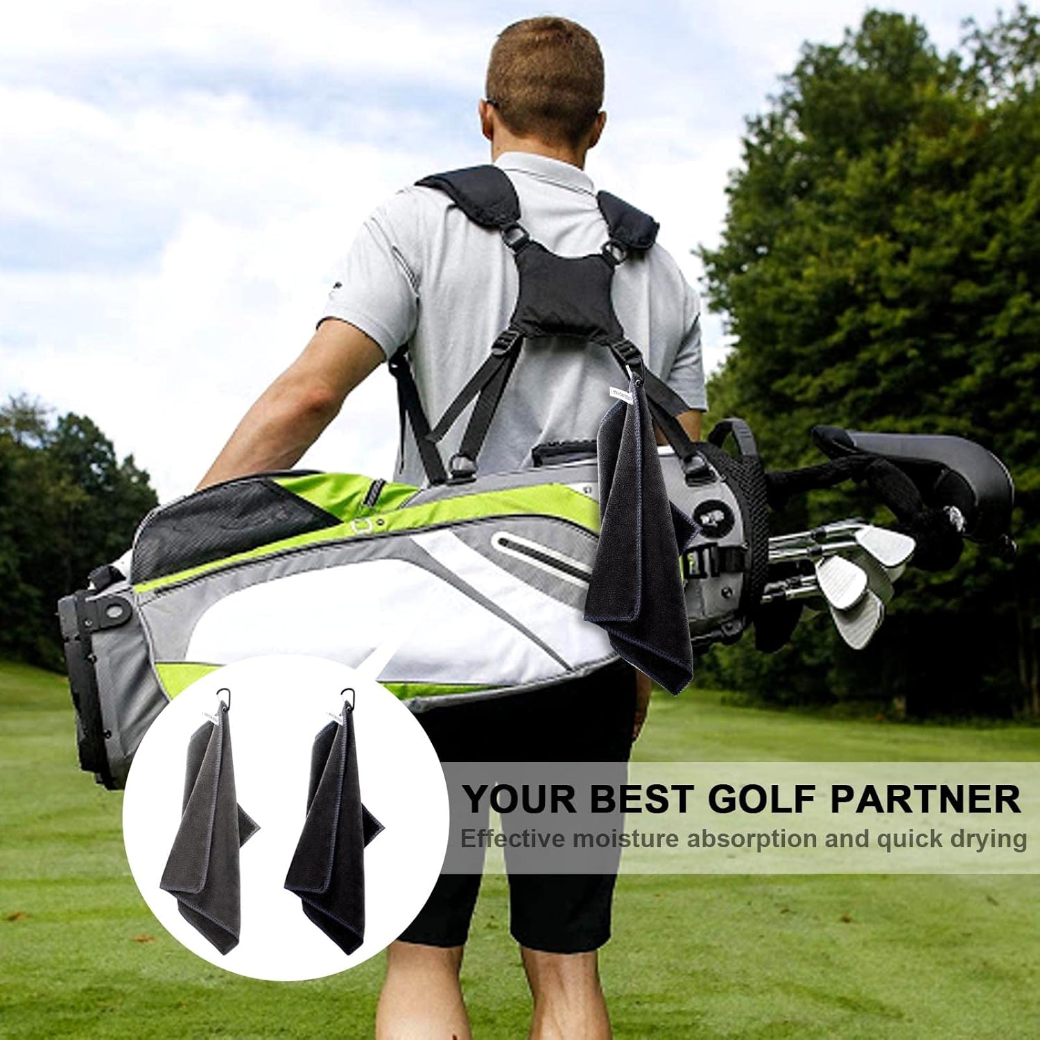 2 pieces golf towels- absorbent cleaning towels- multifunctional towels with carabiner for golf bags- fitness- sport- outdoor- yoga 2 colours - black