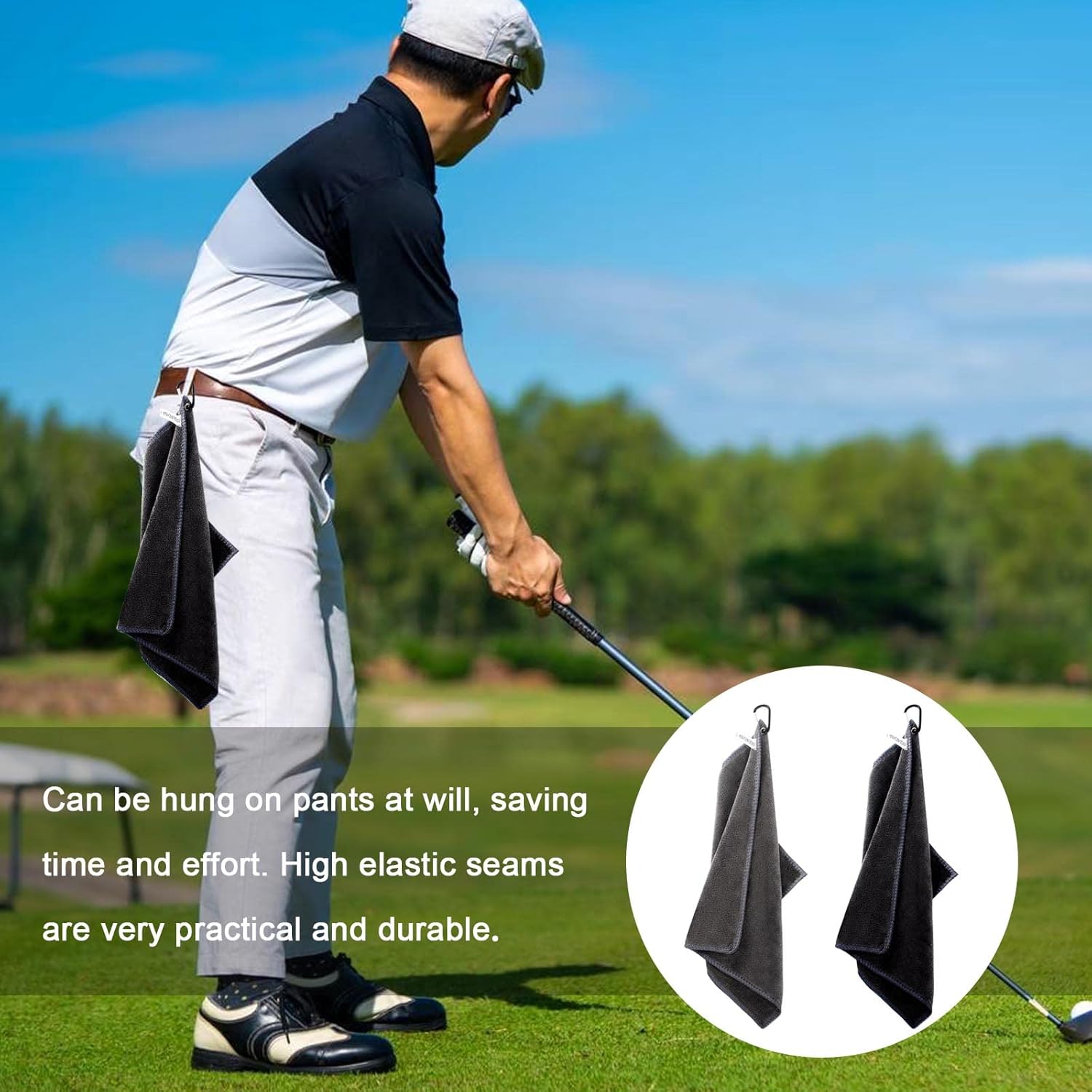 2 pieces golf towels- absorbent cleaning towels- multifunctional towels with carabiner for golf bags- fitness- sport- outdoor- yoga 2 colours - black