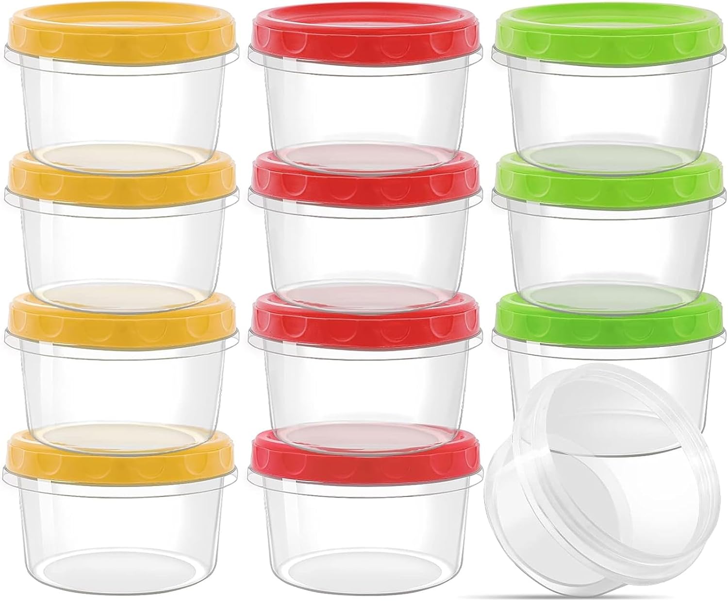12 reusable 8-ounce plastic food containers with lids - deli containers - stackable food storage pots - dishwasher safe - microwave safe and freezer safe red/green/yellow