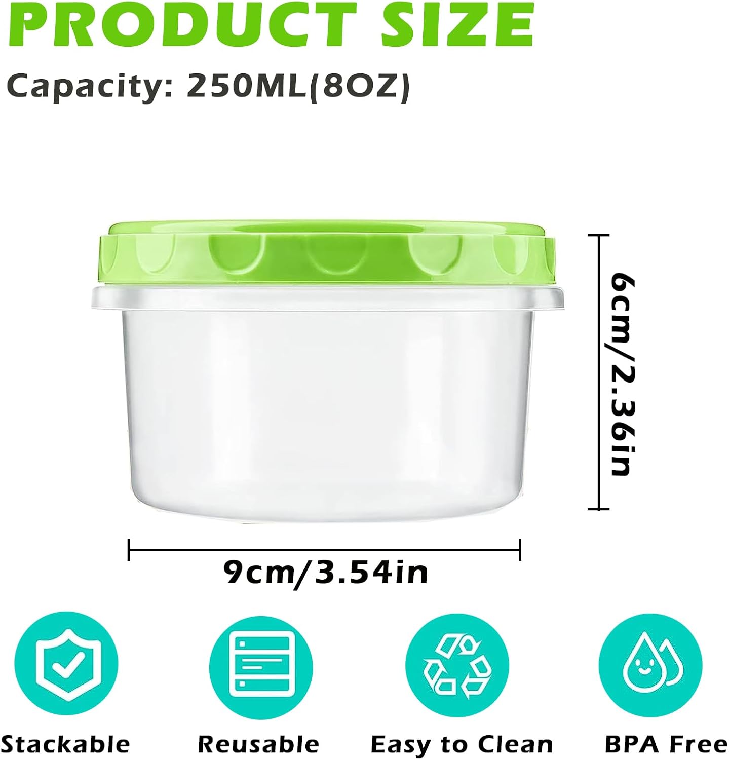 12 reusable 8-ounce plastic food containers with lids - deli containers - stackable food storage pots - dishwasher safe - microwave safe and freezer safe red/green/yellow