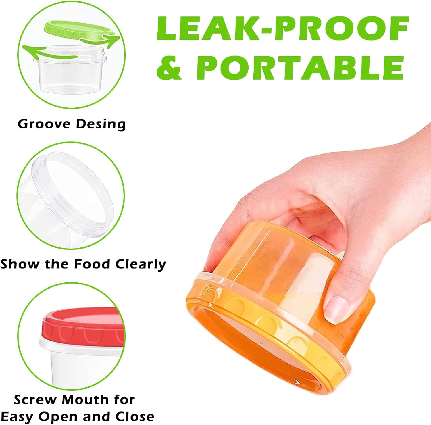 12 reusable 8-ounce plastic food containers with lids - deli containers - stackable food storage pots - dishwasher safe - microwave safe and freezer safe red/green/yellow