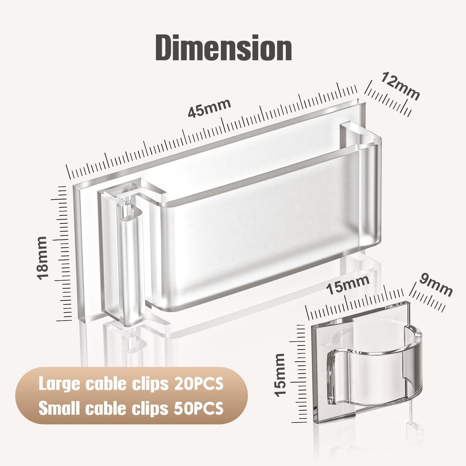 70 self-adhesive cable clips - 50 small + 20 large self-adhesive cable organizers - plastic cable organizer clips for organizing cables on the wall - on the desk and in the home office clear
