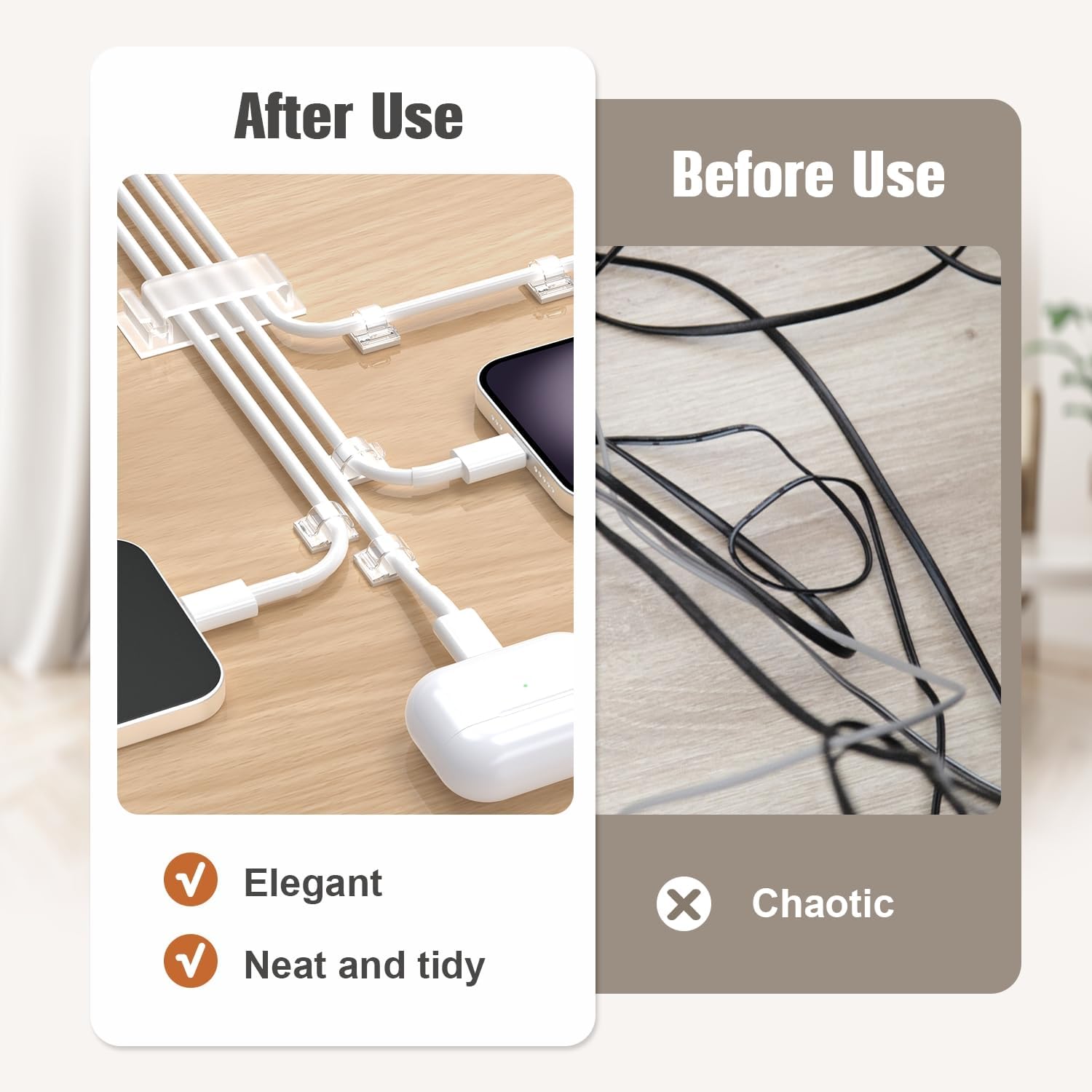 70 self-adhesive cable clips - 50 small + 20 large self-adhesive cable organizers - plastic cable organizer clips for organizing cables on the wall - on the desk and in the home office clear