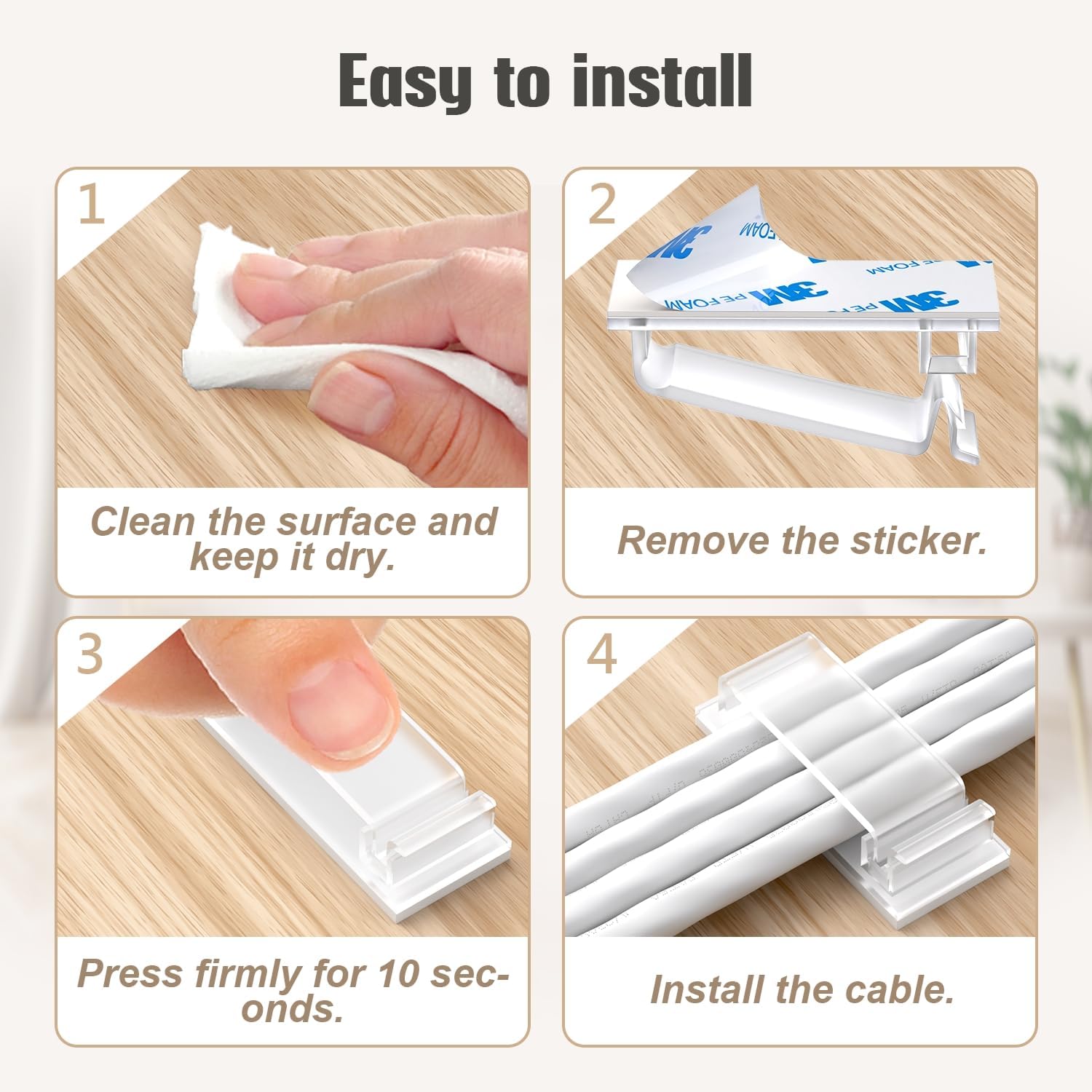 70 self-adhesive cable clips - 50 small + 20 large self-adhesive cable organizers - plastic cable organizer clips for organizing cables on the wall - on the desk and in the home office clear