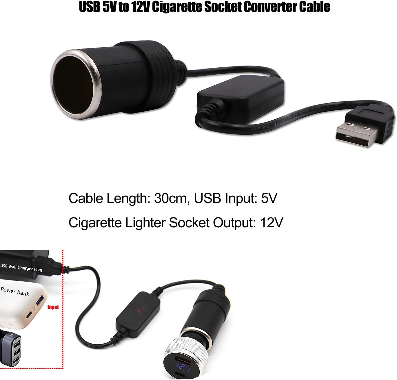 USB A male to 12V car cigarette lighter female adapter cable max. 8W
