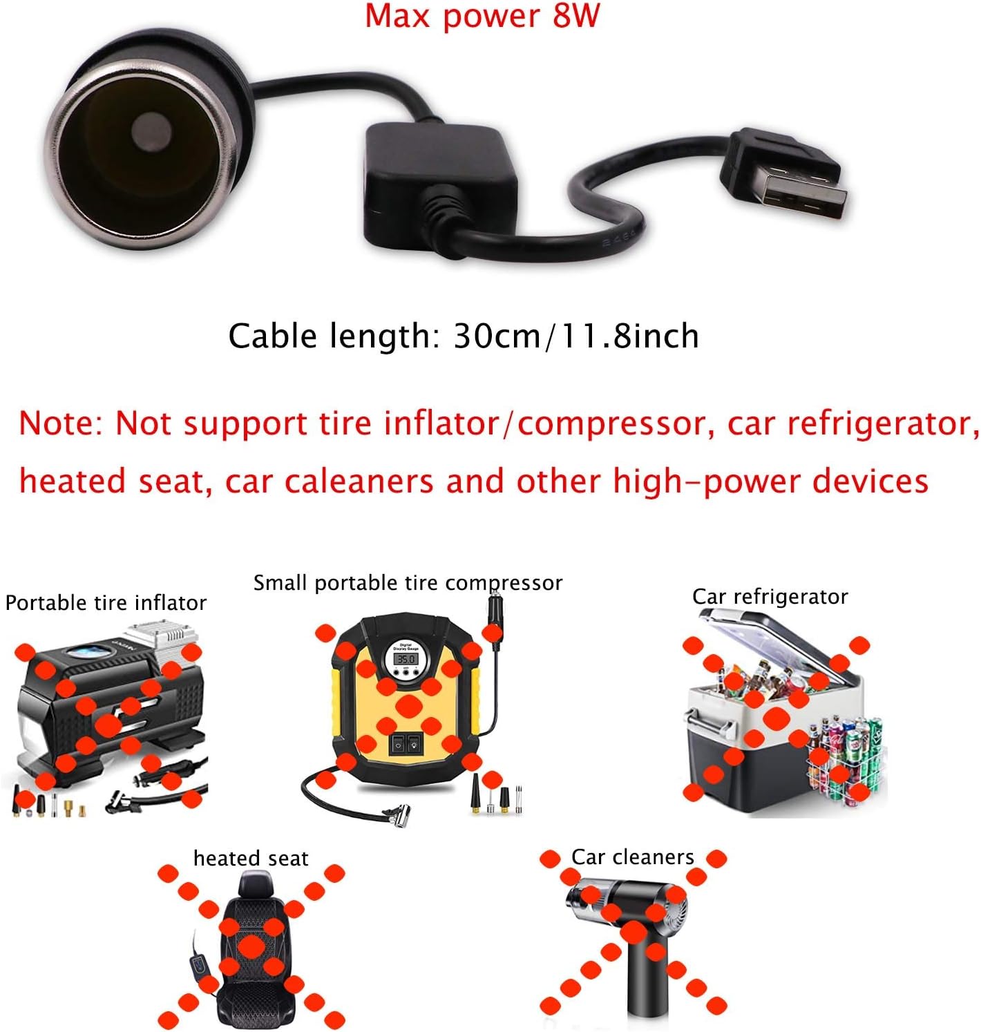 USB A male to 12V car cigarette lighter female adapter cable max. 8W