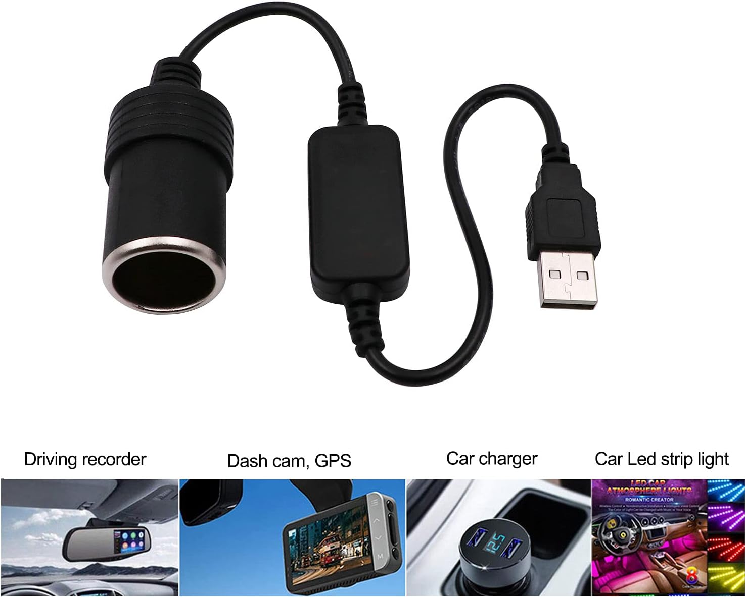 USB A male to 12V car cigarette lighter female adapter cable max. 8W