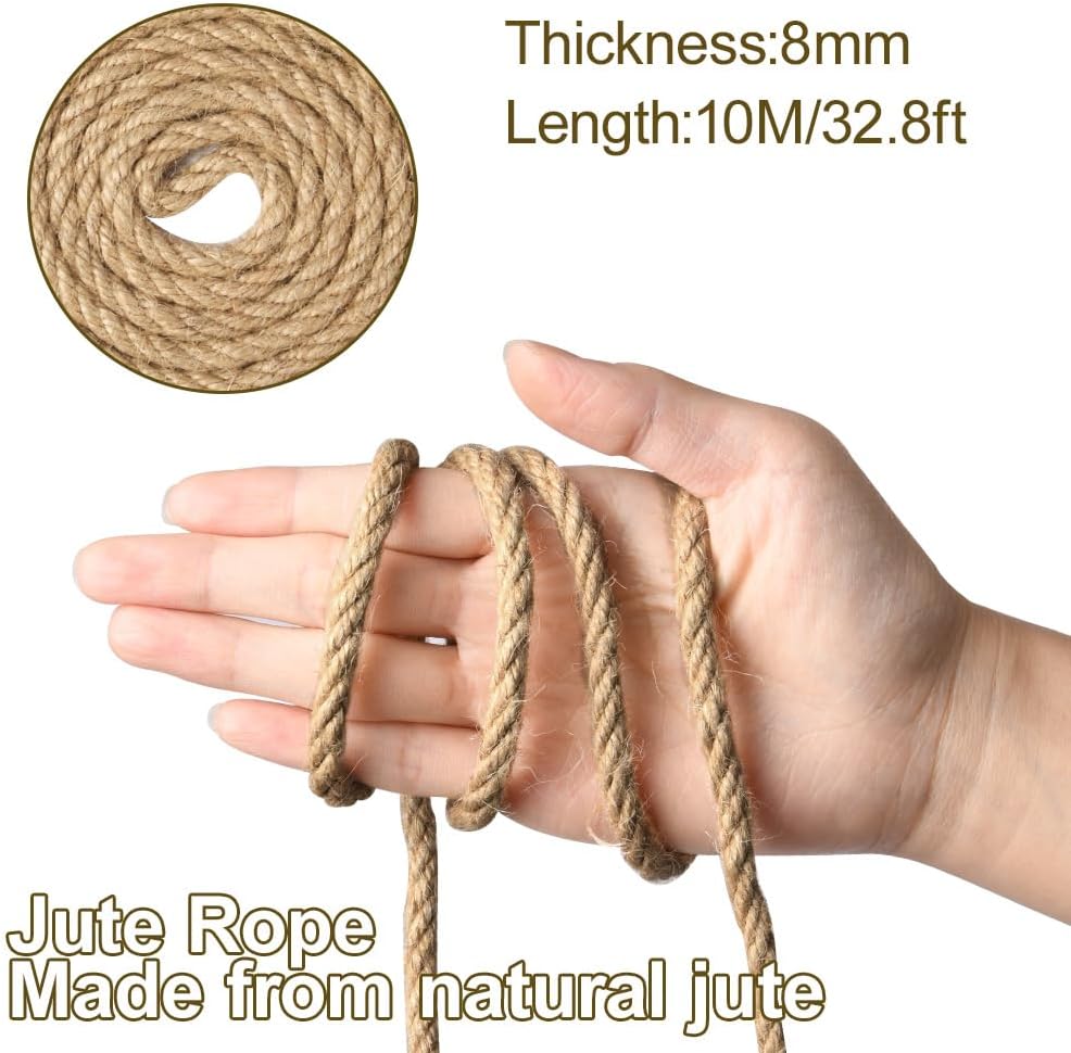 10m jute rope - 8mm thick jute rope - naturally braided jute garden rope for cat scratching post rope - gardening - camping - decoration - gift wrapping and craft decoration brown