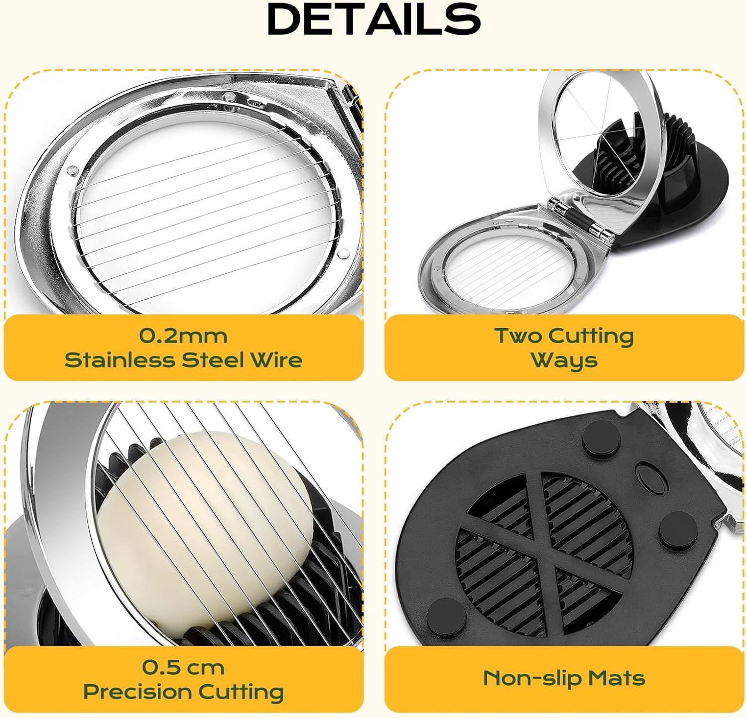 Egg Slicer - Egg Slicer - Heavy-Duty Egg Slicer for Hard-Boiled Eggs - Strawberry Decorating Slicer - Stainless Steel Wire - 3 Cutting Methods - Dishwasher Safe