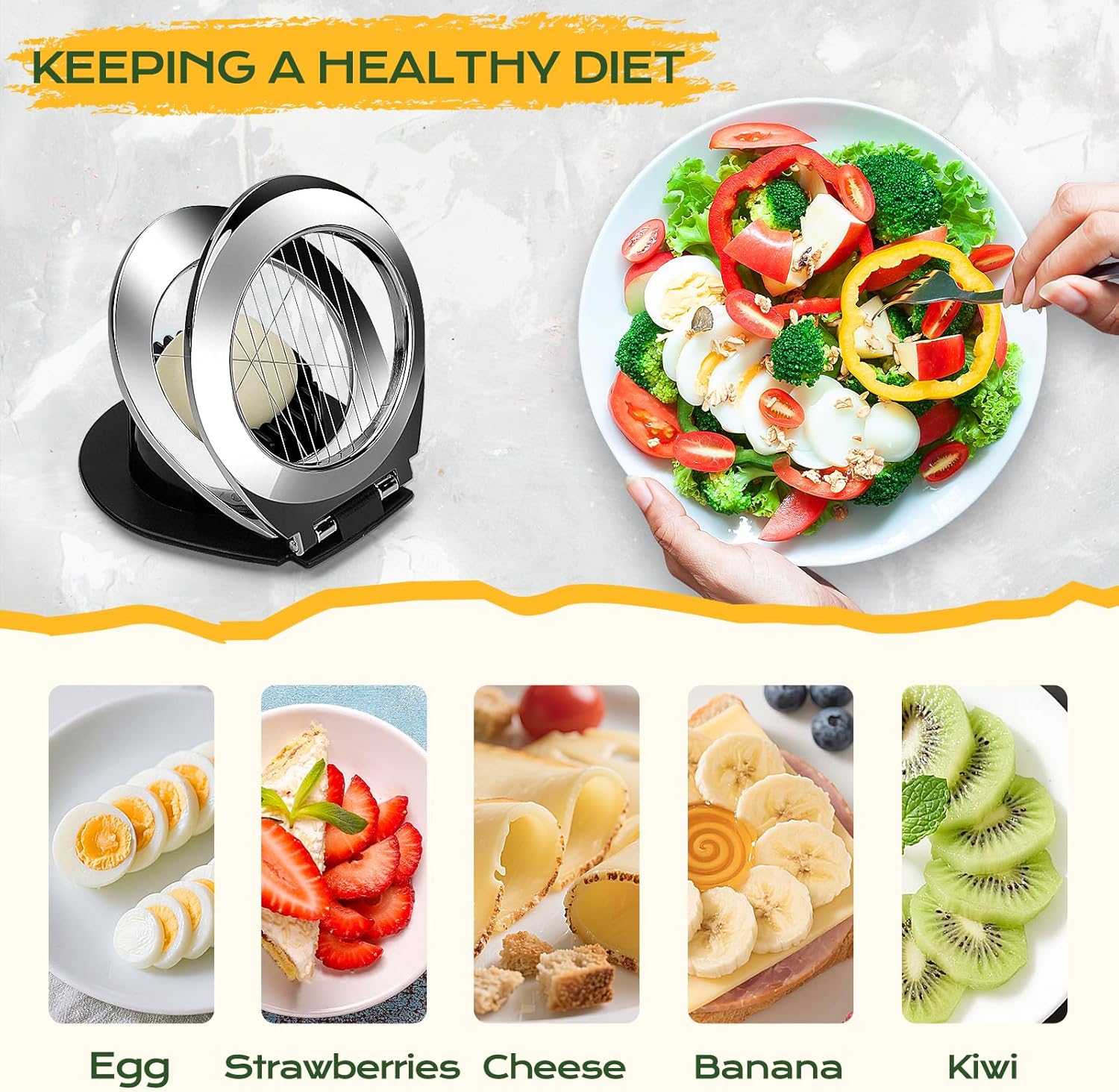 Egg Slicer - Egg Slicer - Heavy-Duty Egg Slicer for Hard-Boiled Eggs - Strawberry Decorating Slicer - Stainless Steel Wire - 3 Cutting Methods - Dishwasher Safe