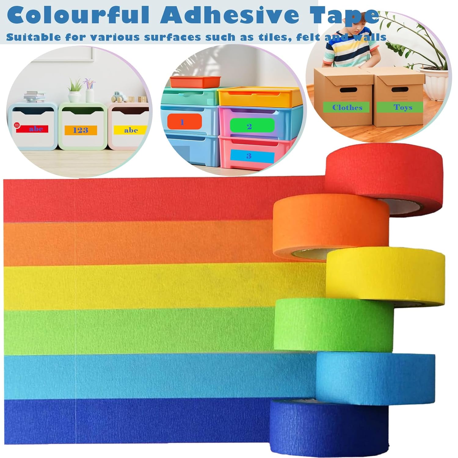 6 rolls of coloured sticky tape - removable coloured tape 1 cm * 13 m - coloured tape suitable for office and home crafts - used for wall decorations - art - lettering and crafting Rainbow sticky tape