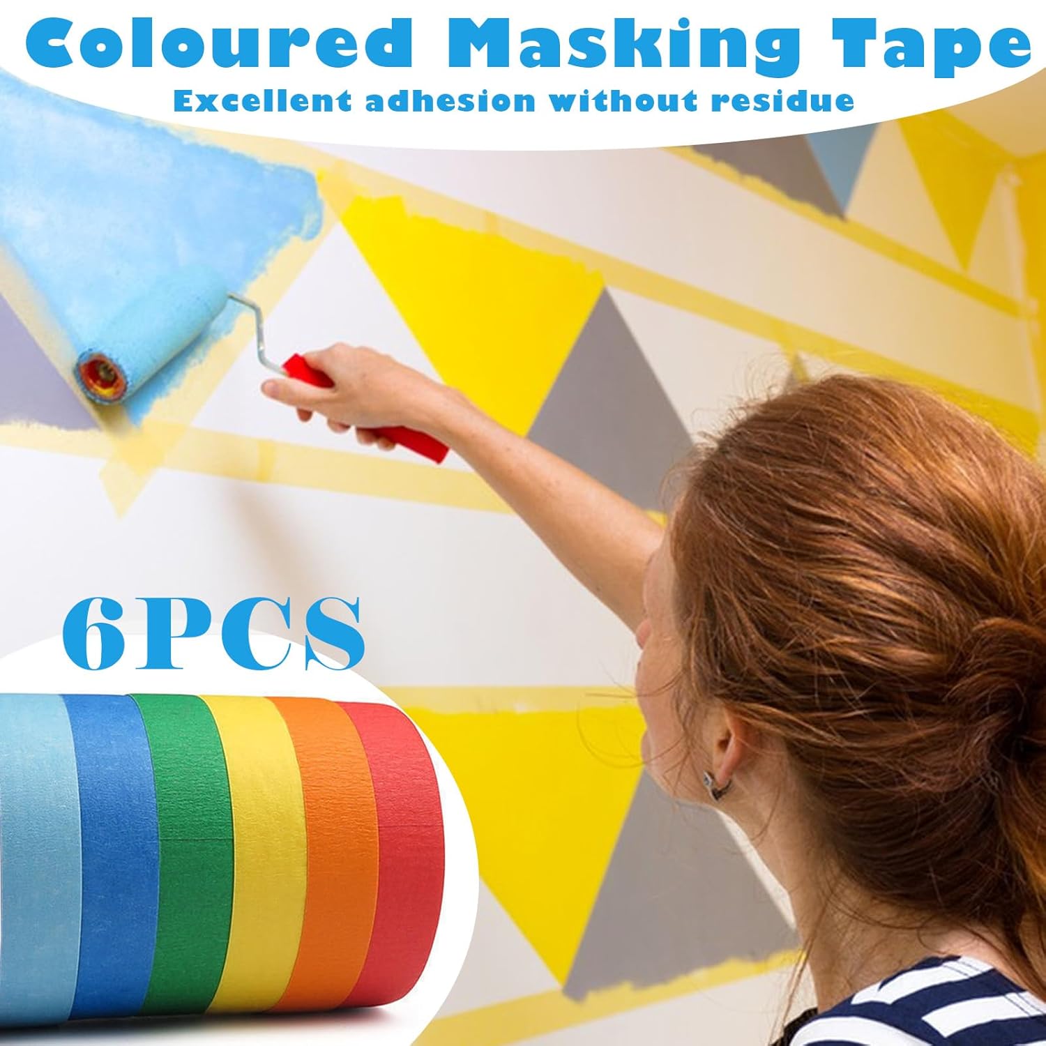 6 rolls of coloured sticky tape - removable coloured tape 1 cm * 13 m - coloured tape suitable for office and home crafts - used for wall decorations - art - lettering and crafting Rainbow sticky tape