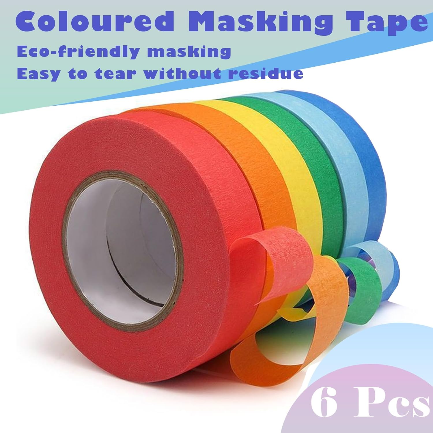 6 rolls of coloured sticky tape - removable coloured tape 1 cm * 13 m - coloured tape suitable for office and home crafts - used for wall decorations - art - lettering and crafting Rainbow sticky tape