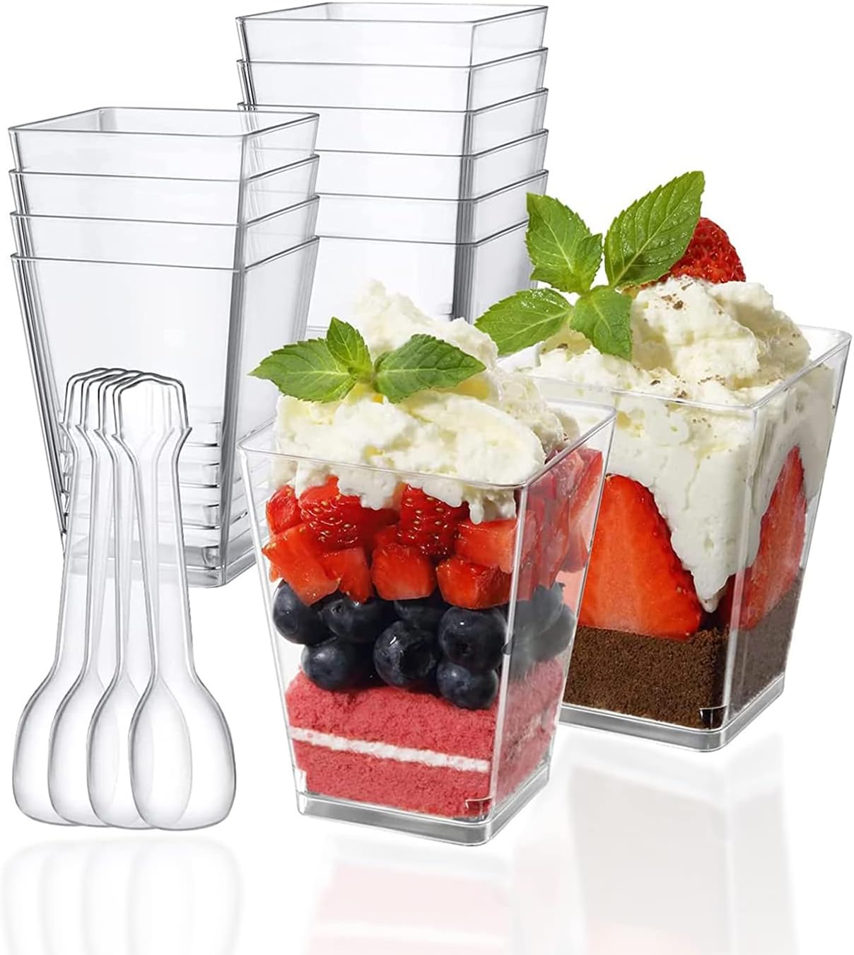 Mini dessert cups with spoon 50 pieces reusable - clear - square plastic dessert cups - cheesecake pots - multi-purpose dessert bowls for mousse pudding - dessert party supplies