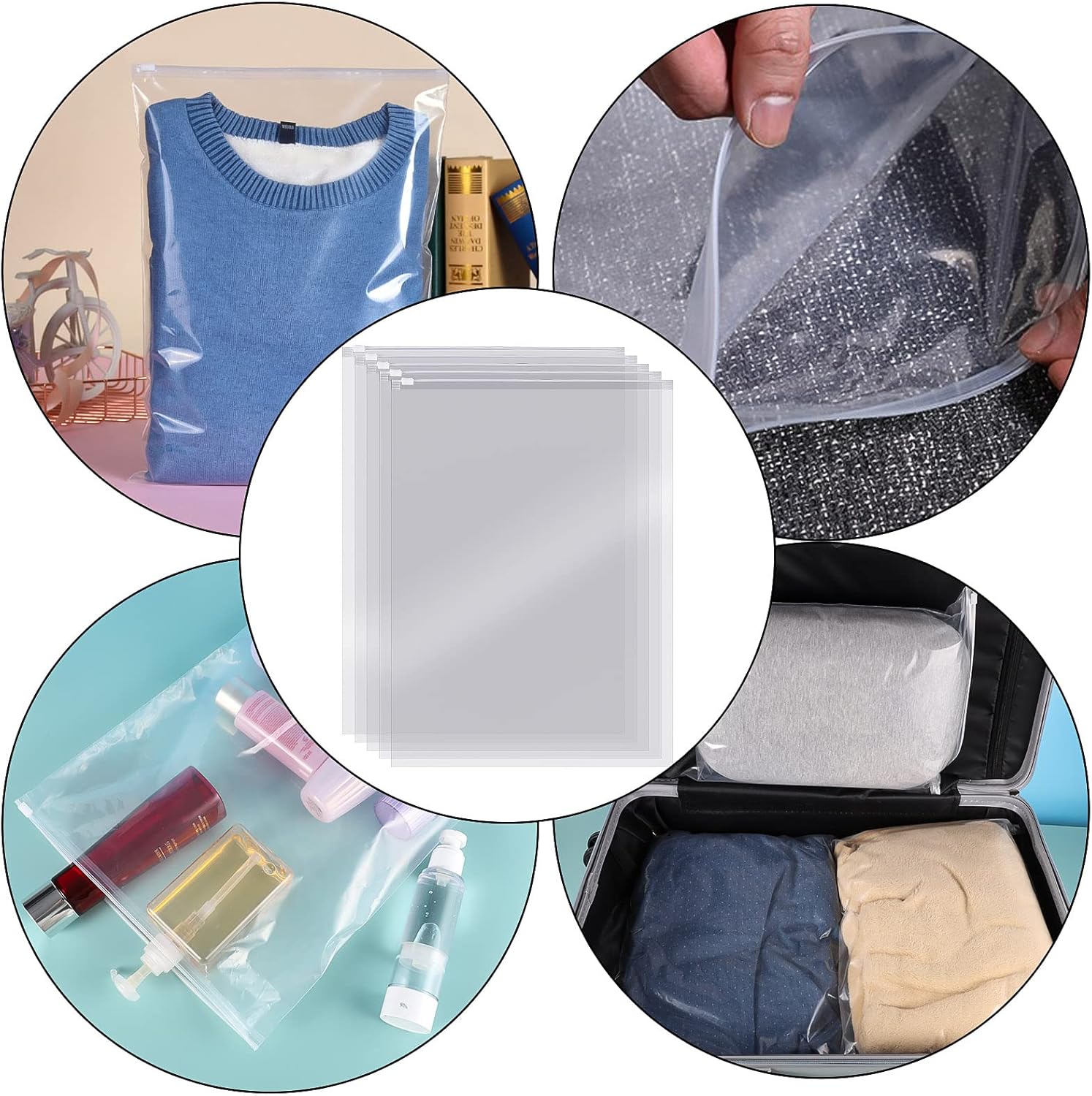 40 reusable travel zip lock bags - 40 x 30 cm - travel clothing bags - large transparent storage bags - plastic sealable clothing bags for clothes, shoes and cosmetics