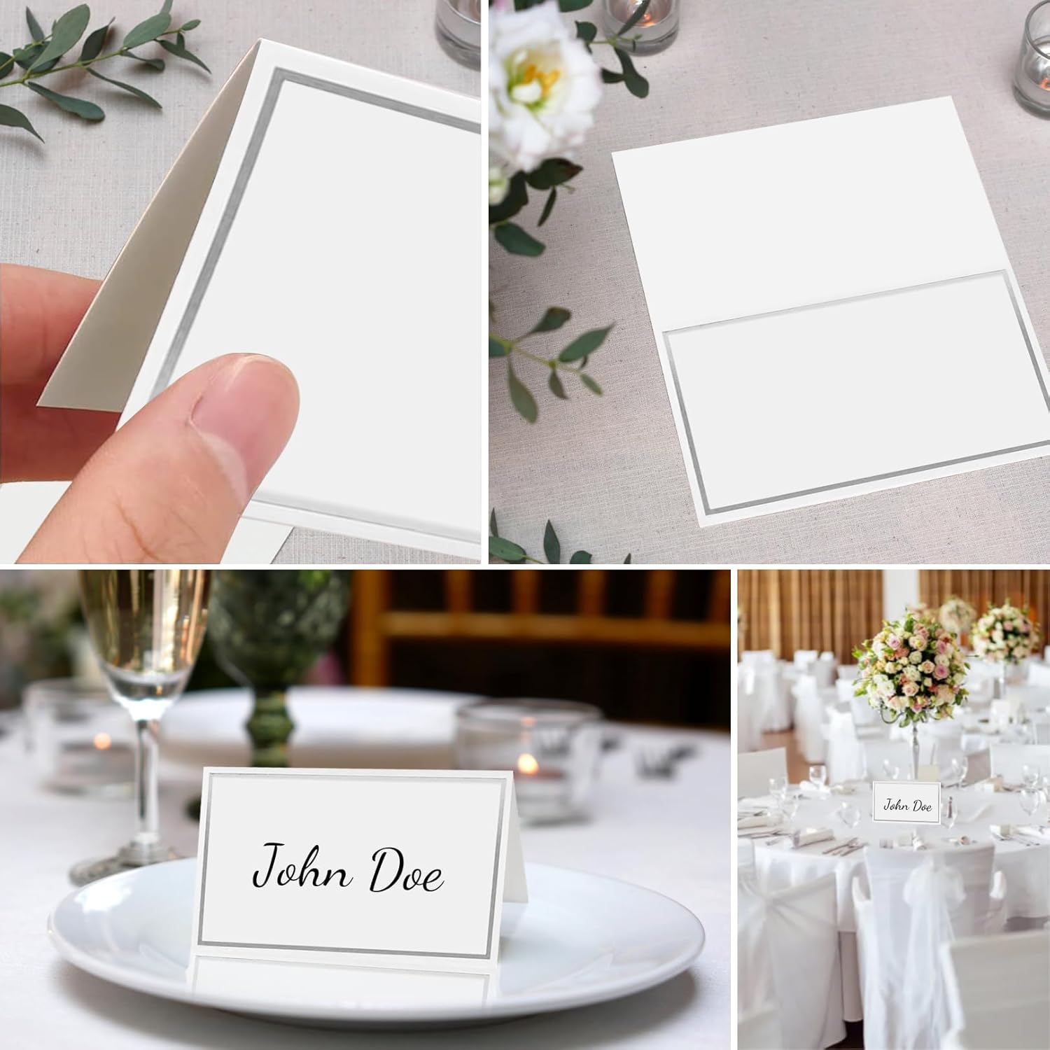 50 silver-edged table decorations reception seating place cards - rectangular plate cards for wedding dinner