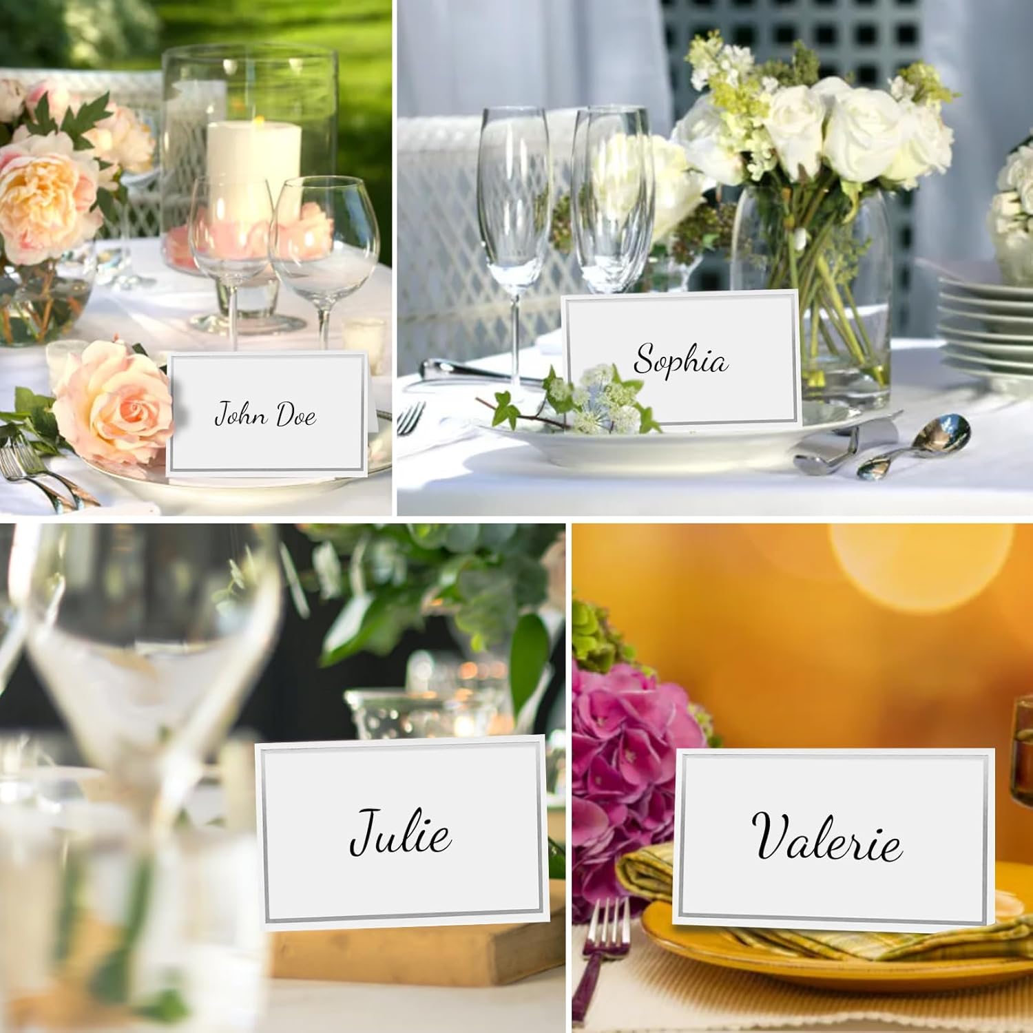 50 silver-edged table decorations reception seating place cards - rectangular plate cards for wedding dinner