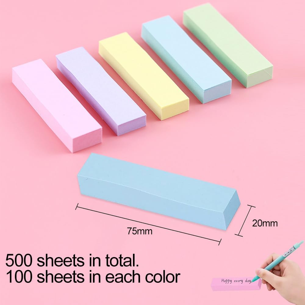 500 Pastel Sticky Notes 75x20mm - Colourful removable sticky notes in blue, pink, green, yellow and purple | Pack of 5 100 notes each | For use in the office, at home and at school