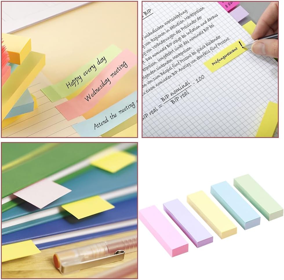 500 Pastel Sticky Notes 75x20mm - Colourful removable sticky notes in blue, pink, green, yellow and purple | Pack of 5 100 notes each | For use in the office, at home and at school