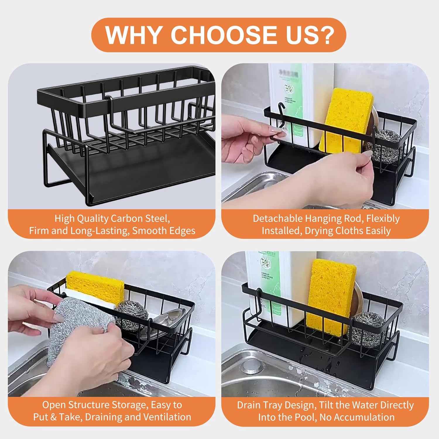 Multifunctional kitchen sink caddy - black stainless steel sponge holder - countertop cleaning rack with removable cloth holder - dish drying rack for kitchen and bathroom black