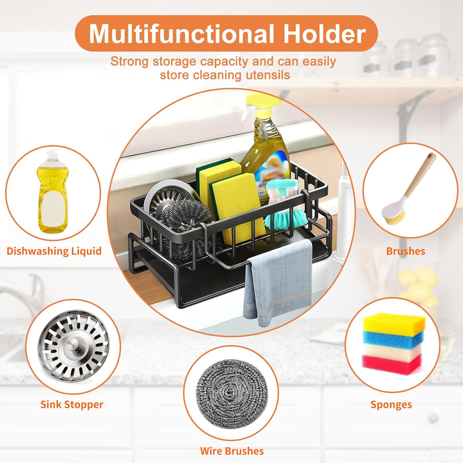 Multifunctional kitchen sink caddy - black stainless steel sponge holder - countertop cleaning rack with removable cloth holder - dish drying rack for kitchen and bathroom black