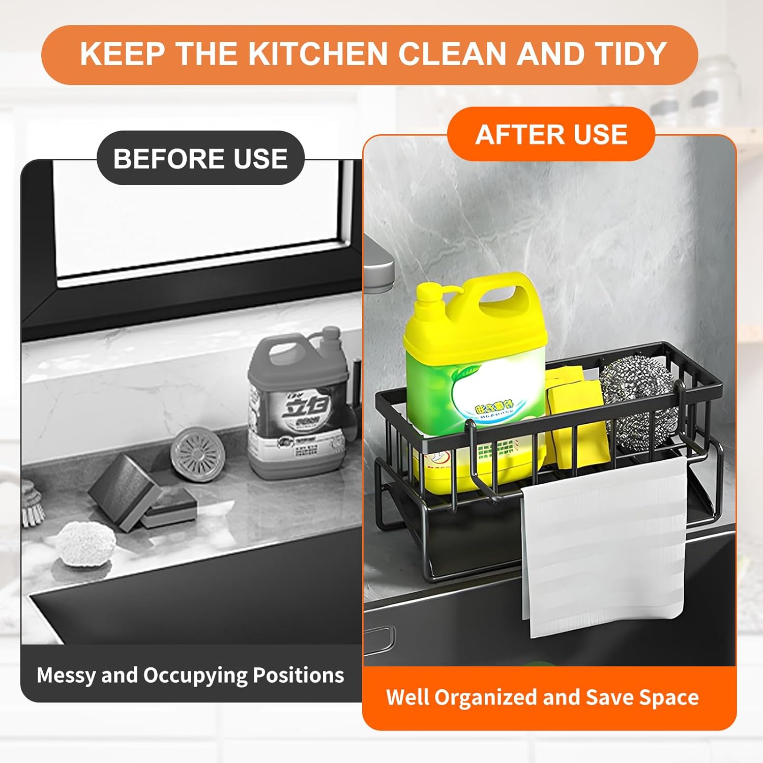 Multifunctional kitchen sink caddy - black stainless steel sponge holder - countertop cleaning rack with removable cloth holder - dish drying rack for kitchen and bathroom black