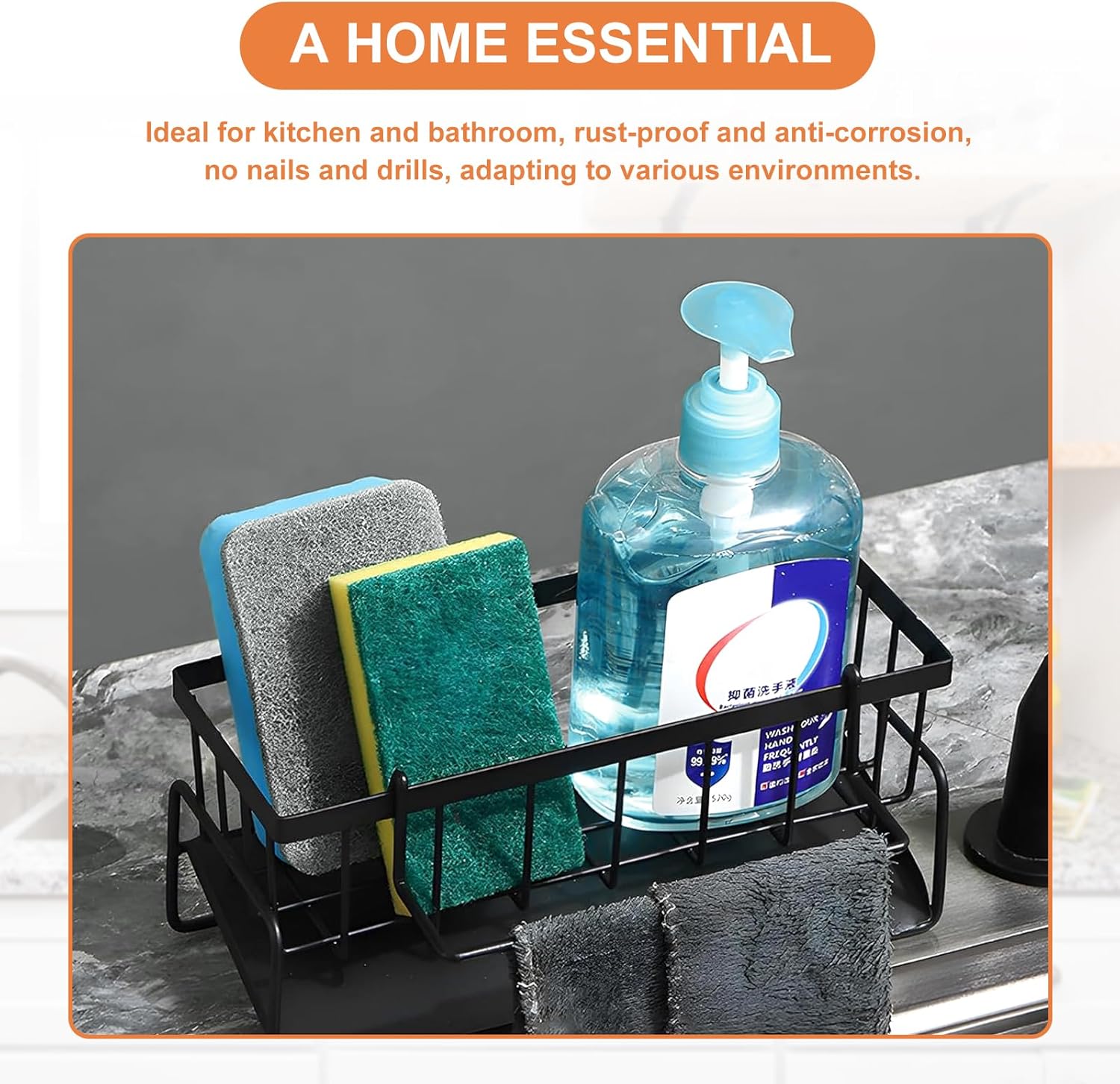 Multifunctional kitchen sink caddy - black stainless steel sponge holder - countertop cleaning rack with removable cloth holder - dish drying rack for kitchen and bathroom black