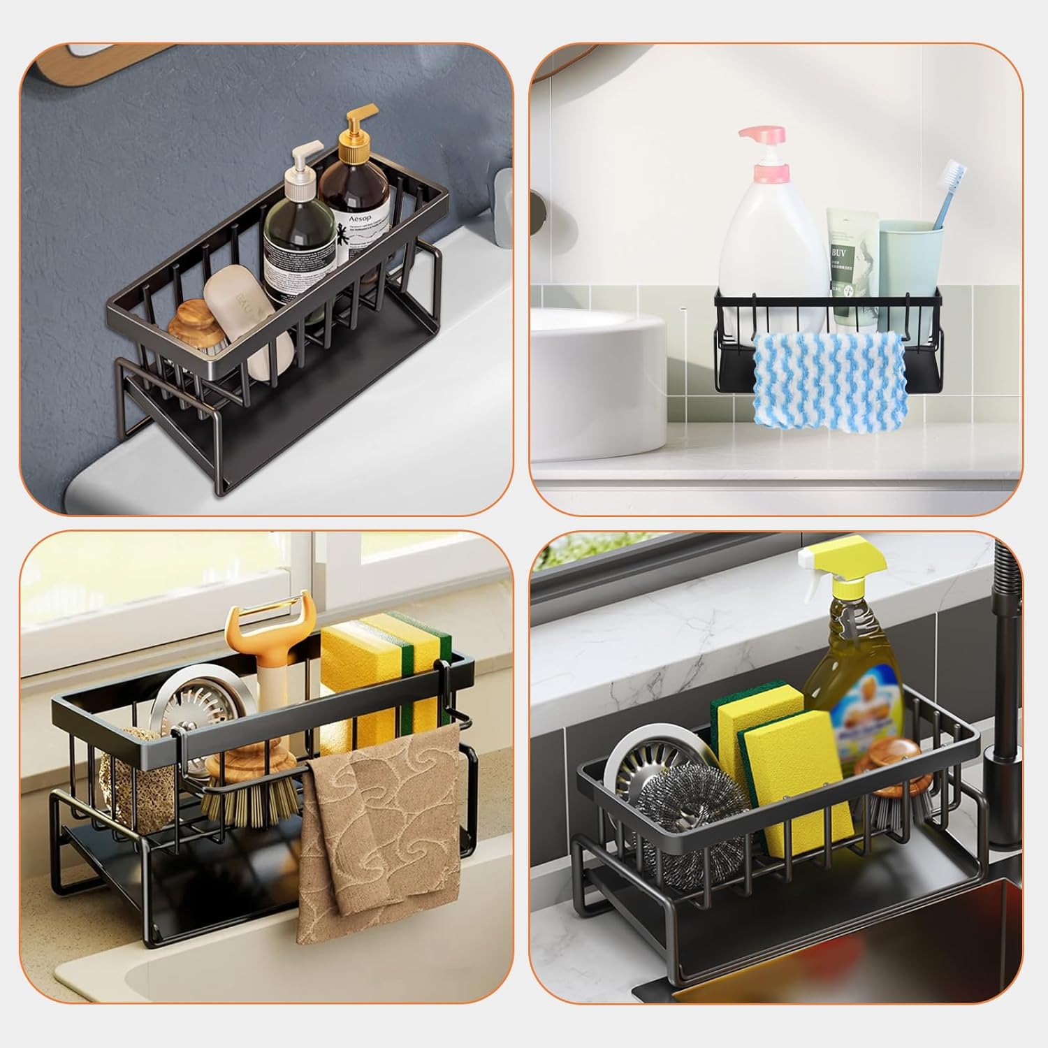 Multifunctional kitchen sink caddy - black stainless steel sponge holder - countertop cleaning rack with removable cloth holder - dish drying rack for kitchen and bathroom black
