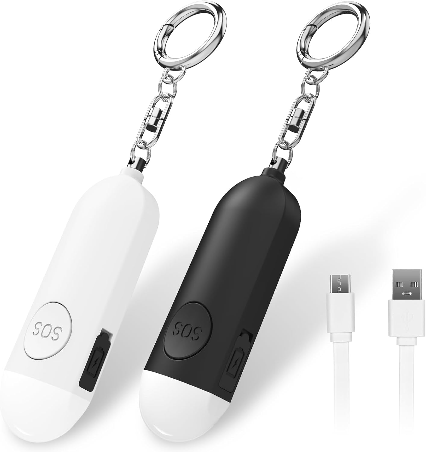 Alarm - Torch - 2-pack - 130dB - Personal alarm - Security alarm - Rechargeable - Emergency siren - with LED light - Keychain - Black & White