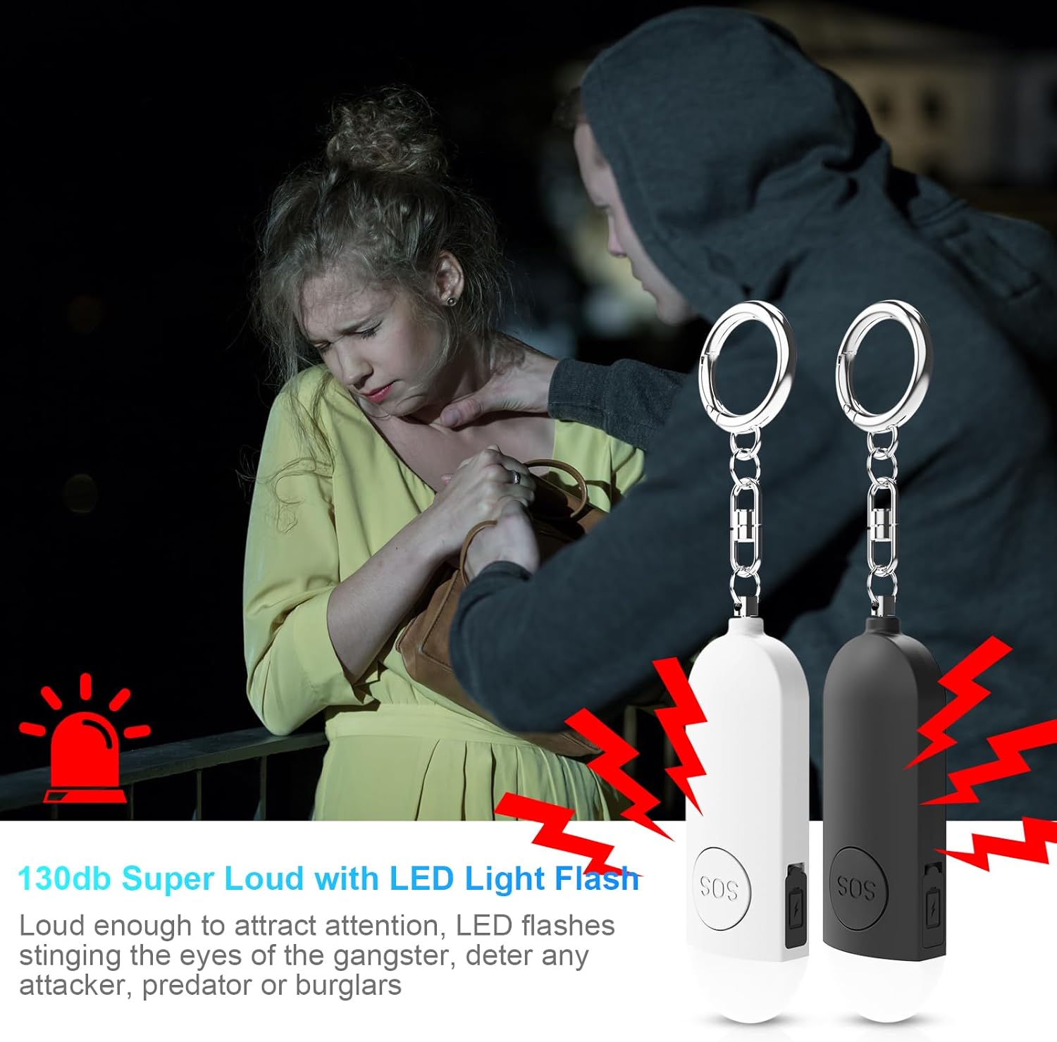 Alarm - Torch - 2-pack - 130dB - Personal alarm - Security alarm - Rechargeable - Emergency siren - with LED light - Keychain - Black & White