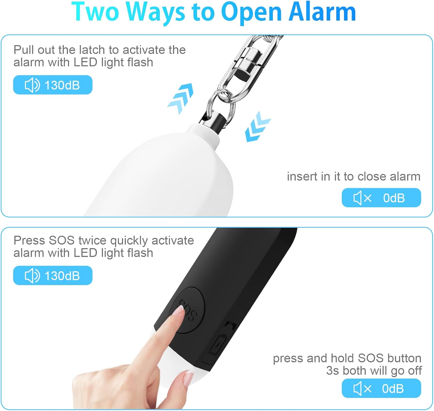 Alarm - Torch - 2-pack - 130dB - Personal alarm - Security alarm - Rechargeable - Emergency siren - with LED light - Keychain - Black & White