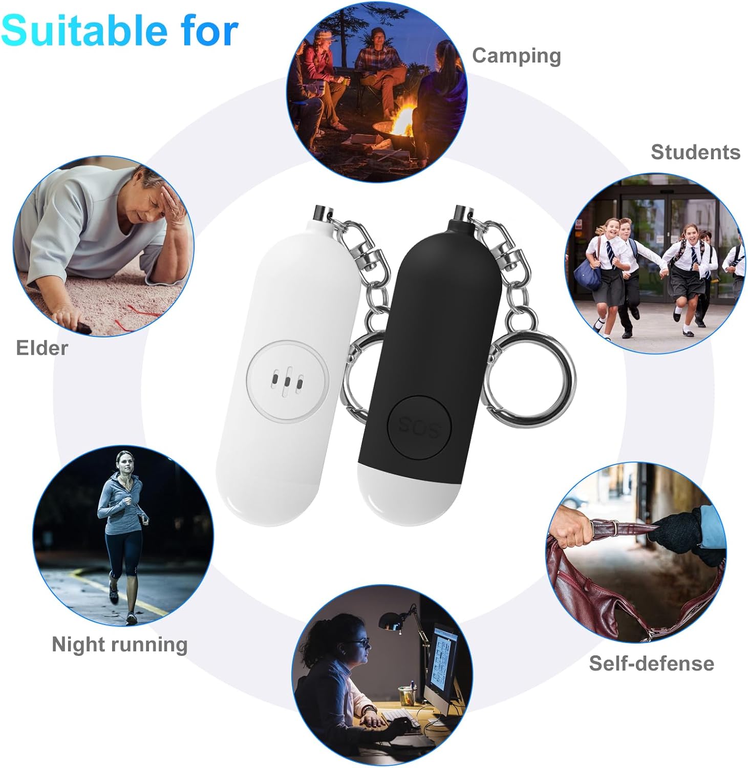 Alarm - Torch - 2-pack - 130dB - Personal alarm - Security alarm - Rechargeable - Emergency siren - with LED light - Keychain - Black & White