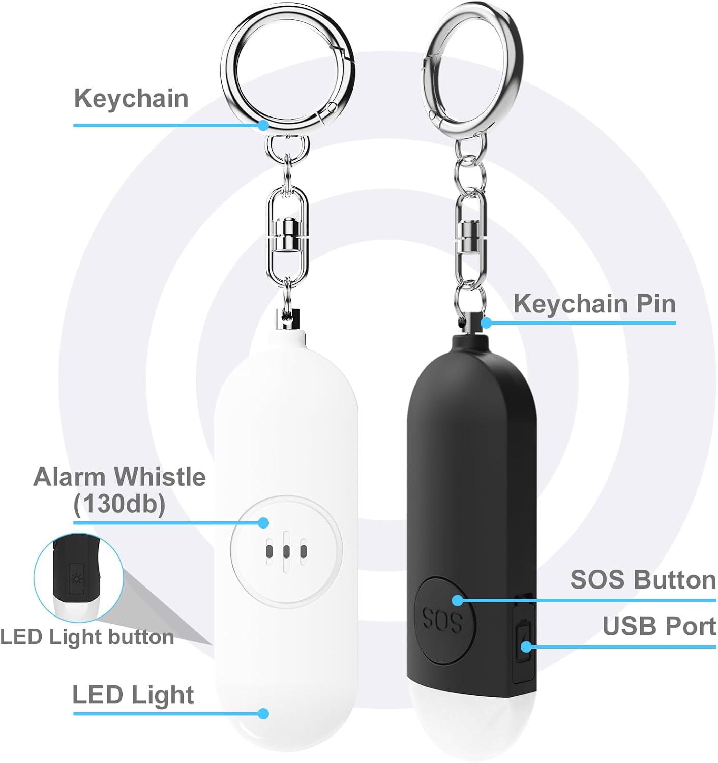 Alarm - Torch - 2-pack - 130dB - Personal alarm - Security alarm - Rechargeable - Emergency siren - with LED light - Keychain - Black & White