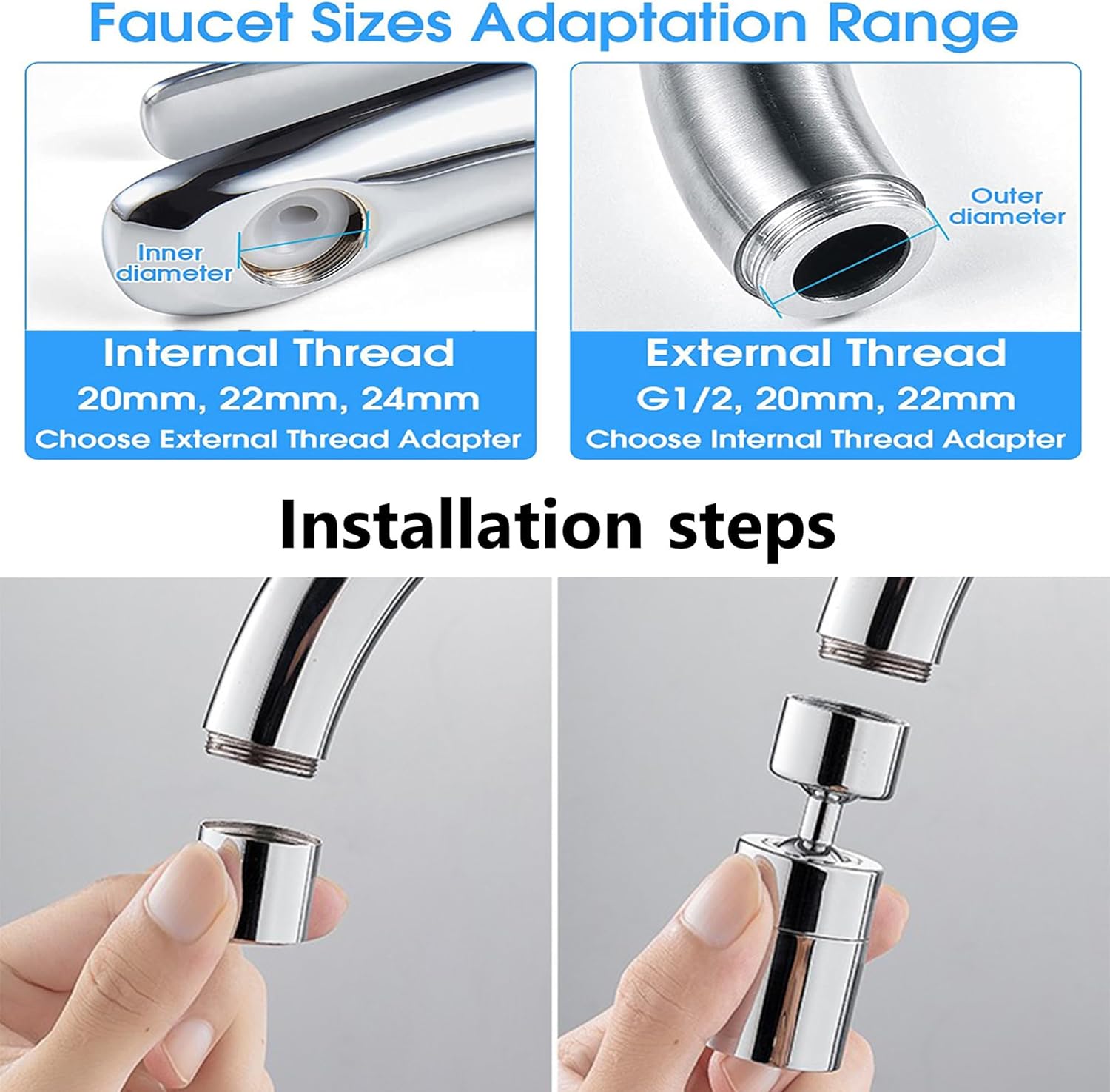 Faucet spray head for kitchen and sink taps - 360° swivel dual-function sprayer - 80-degree swivel tap spout with wide angle - Extended sprayer for taps - Splash-proof spray head for kitchen tap spouts