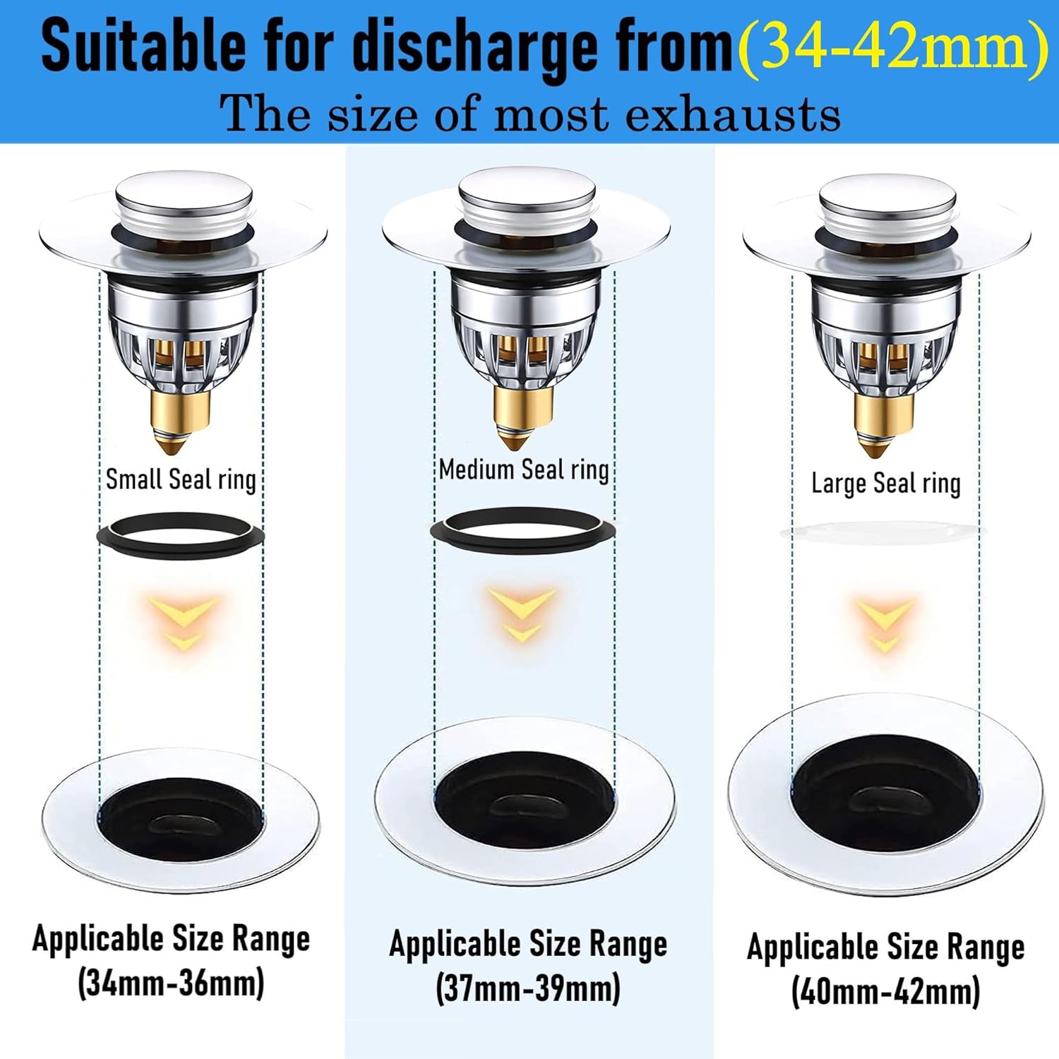 Gootsteenplug, universal, stainless steel strainer for collapsible sink plugs, drain plug for sinks 34-42 mm, suitable for bathtubs and sinks 34-42 mm