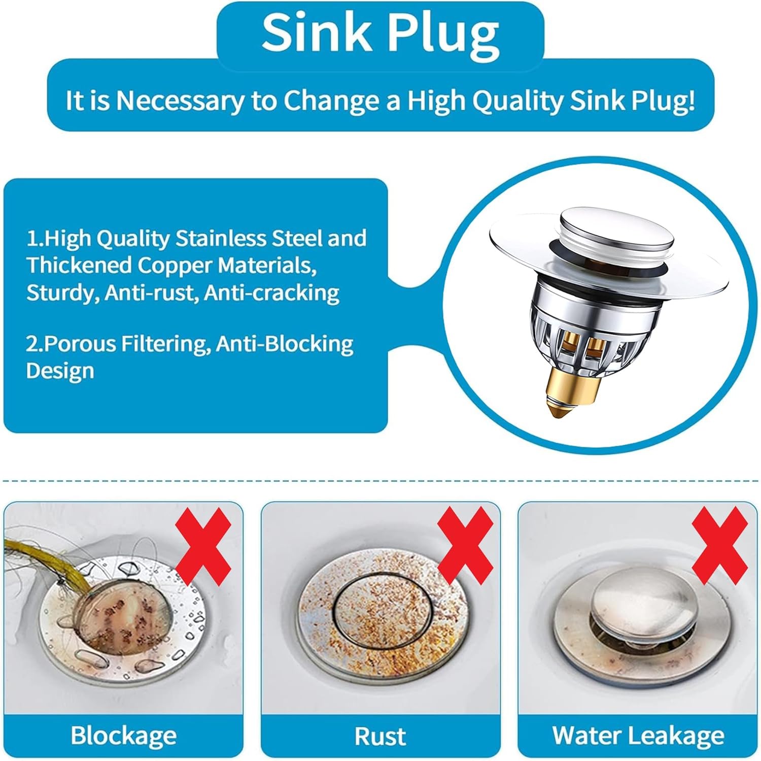 Gootsteenplug, universal, stainless steel strainer for collapsible sink plugs, drain plug for sinks 34-42 mm, suitable for bathtubs and sinks 34-42 mm