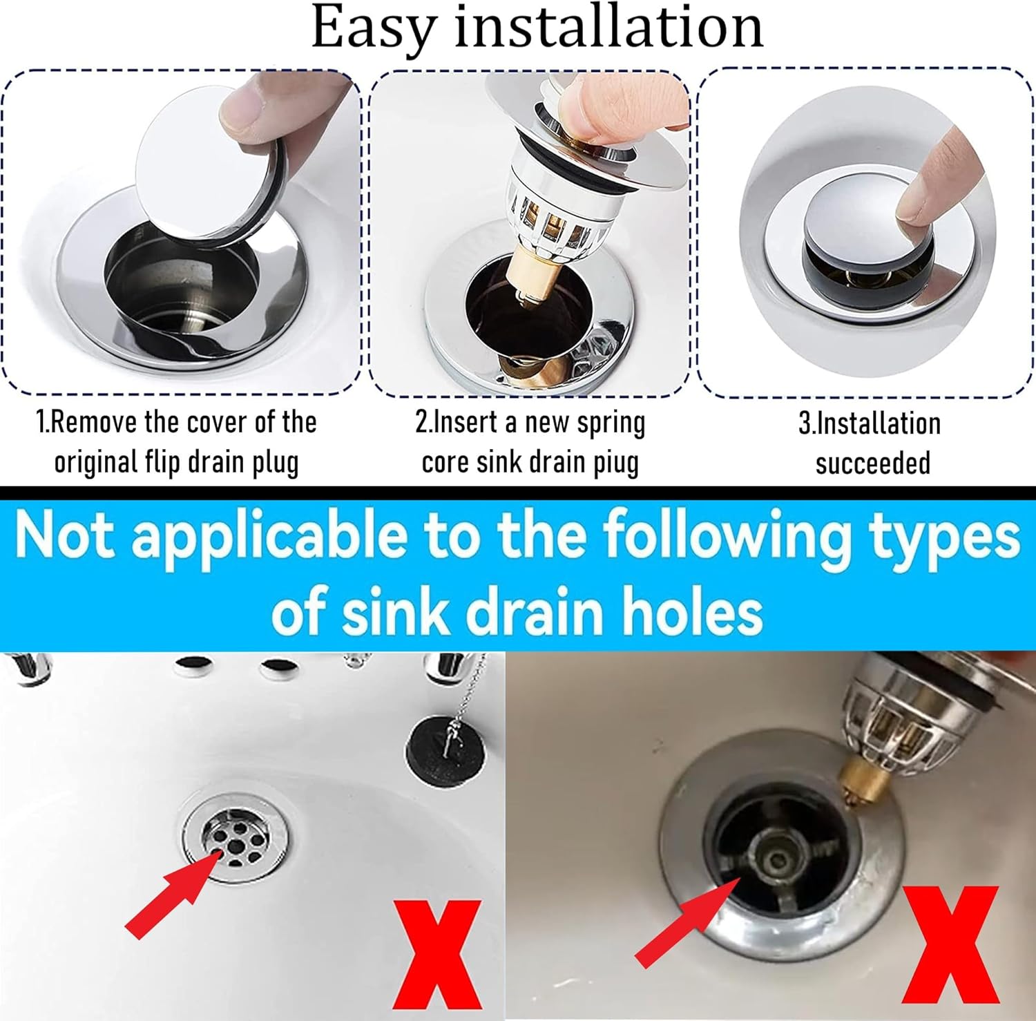 Gootsteenplug, universal, stainless steel strainer for collapsible sink plugs, drain plug for sinks 34-42 mm, suitable for bathtubs and sinks 34-42 mm